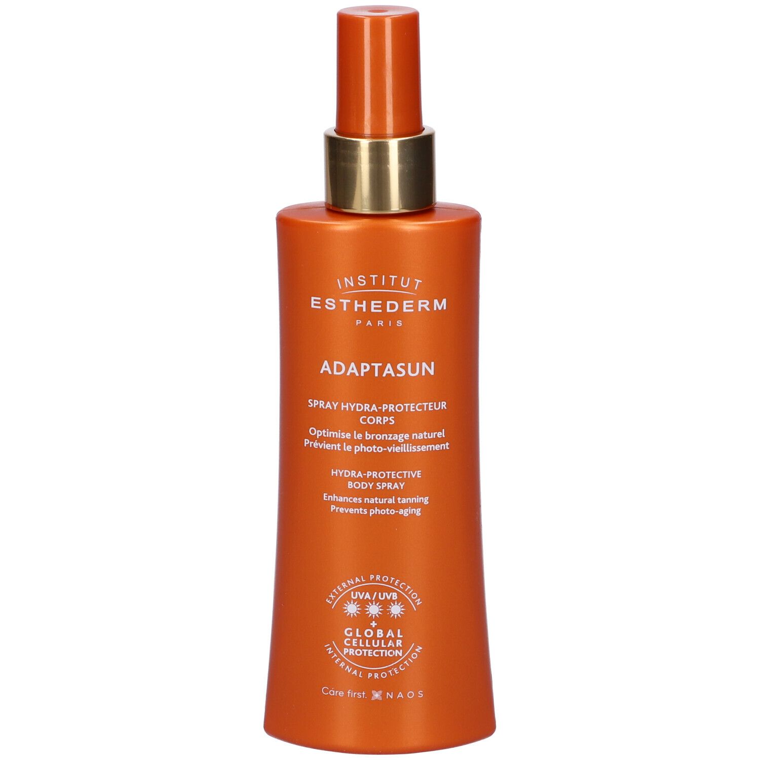 Flacone spray arancione con erogatore. Scritta: Institut Esthederm, Adaptasun, Spray Hydra-Protecteur Corps. Anello dorato sul collo.