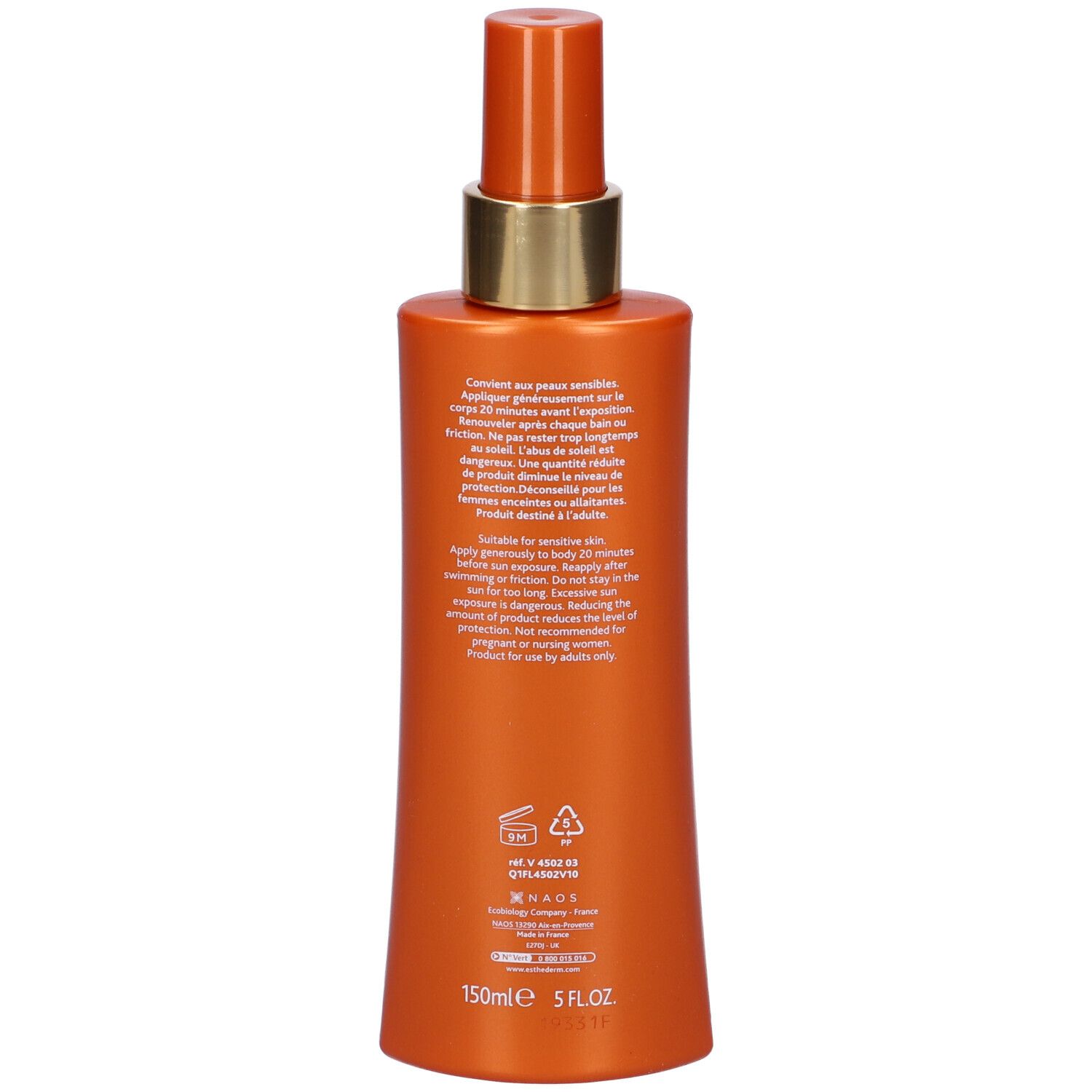 Retro del flacone spray arancione. Testo multilingue. Scritta: 150ml 5 FL.OZ. Con informazioni sull'uso e sugli ingredienti.