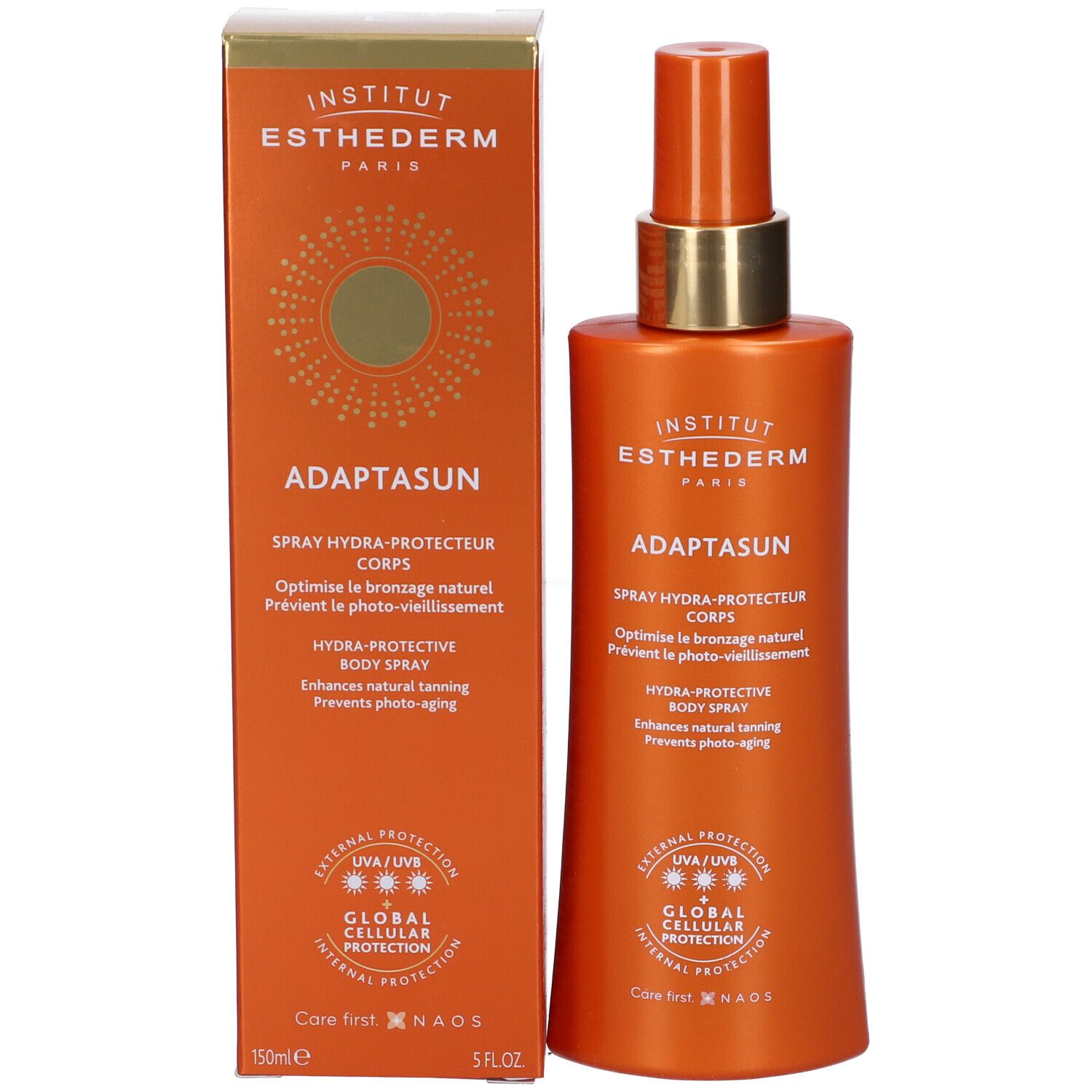 Prodotto con confezione. Flacone spray arancione e scatola. Scritta: Institut Esthederm, Adaptasun, Spray Hydra-Protecteur Corps. 150ml 5 FL.OZ.