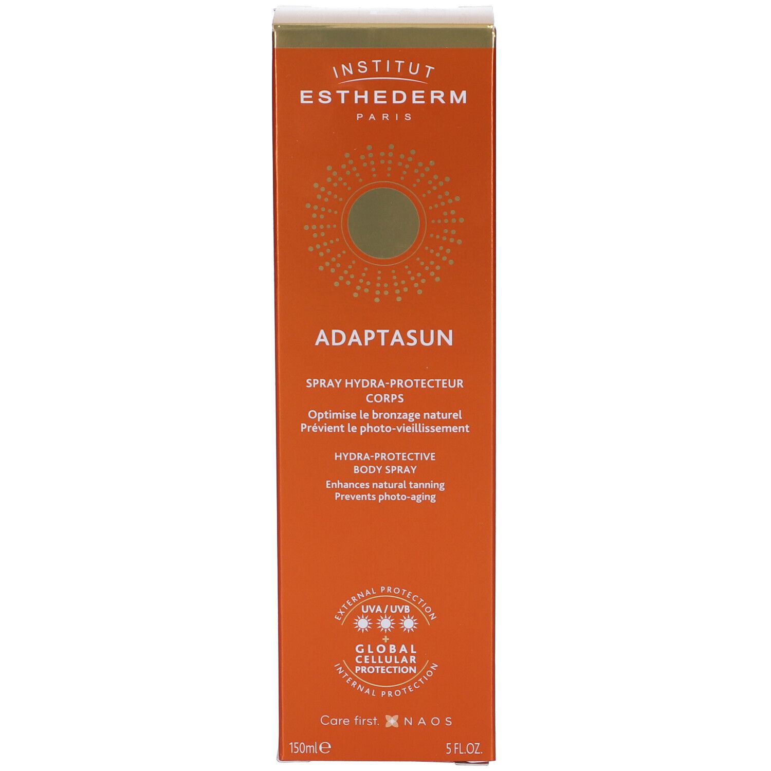 Confezione in cartone. Scritta: Institut Esthederm, Adaptasun, Spray Hydra-Protecteur Corps. Arancione con accenti dorati. 150ml 5 FL.OZ.