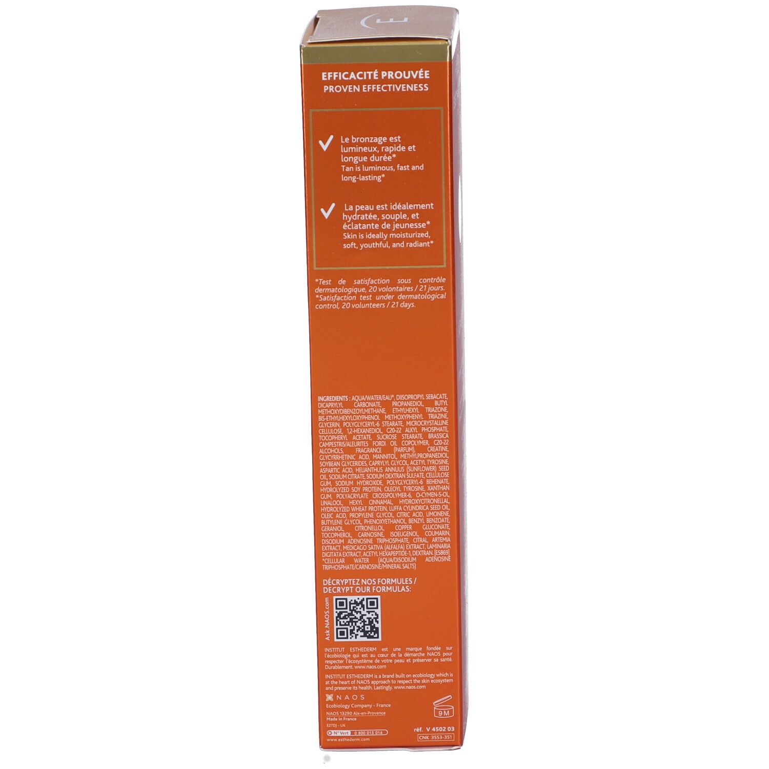 Confezione in cartone. Scritta: Efficacité Prouvée. Testo in francese. Codice QR. Arancione con accenti dorati. 150ml 5 FL.OZ.