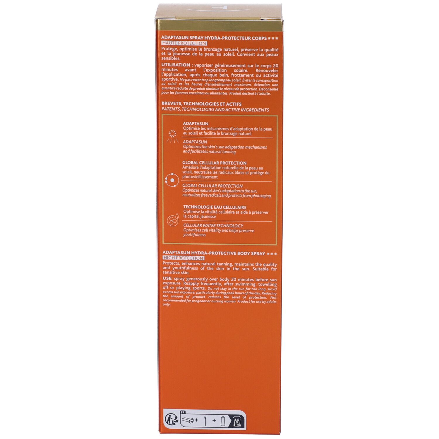 Confezione in cartone. Testo in francese. Scritta: Adaptasun Spray Hydra-Protecteur Corps. Informazioni sugli ingredienti e l'uso.
