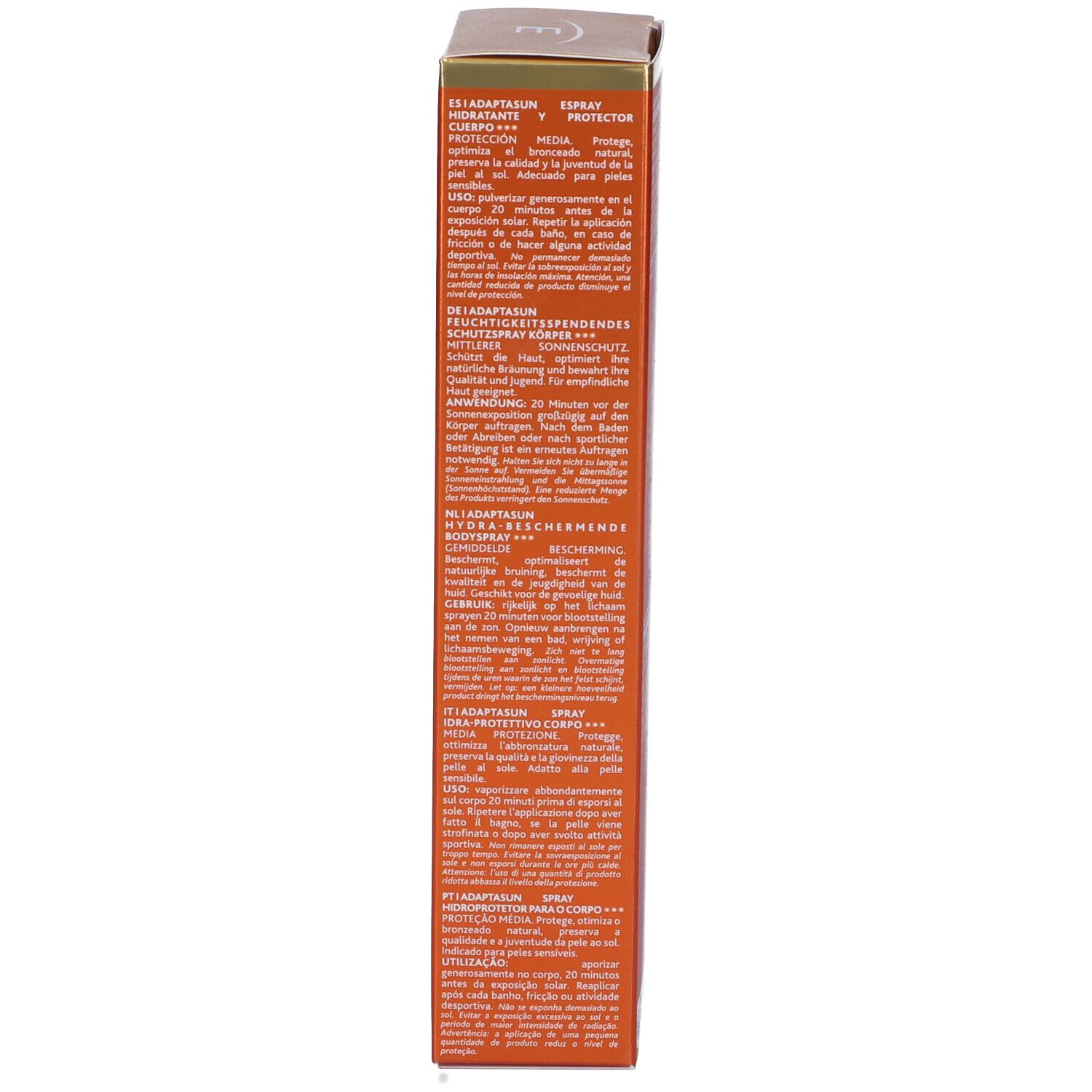 Confezione in cartone. Testo multilingue. Scritta: Adaptasun Spray Hydra-Protecteur Corps. Informazioni sugli ingredienti e l'uso.