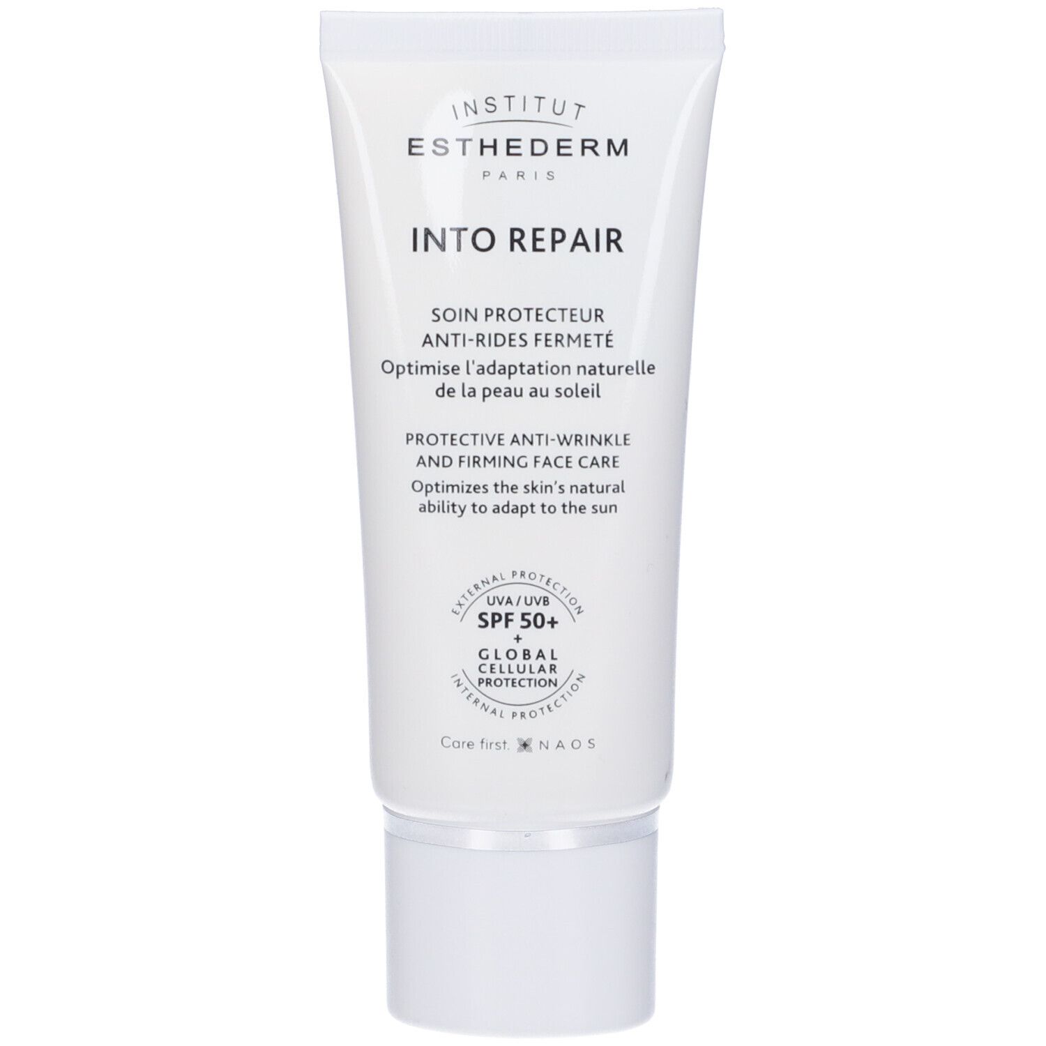 Weiße Tube mit Aufschrift 'Institut Esthederm Paris'. Text: 'INTO REPAIR' und 'SPF 50+'.