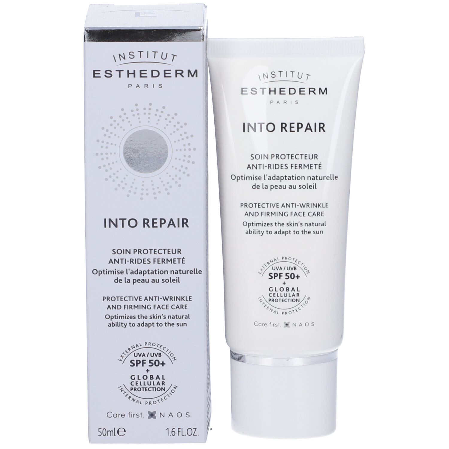 Produktverpackung mit Tube und Karton. Aufschrift 'Institut Esthederm Paris' und 'INTO REPAIR'.