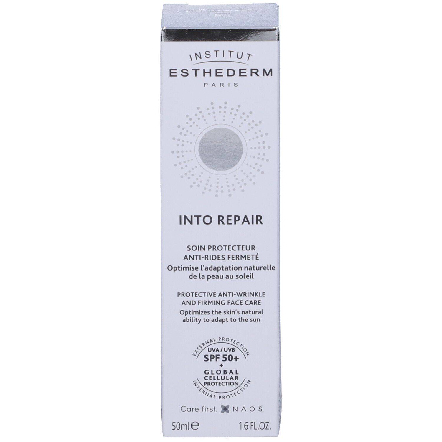 Kartonverpackung mit Aufschrift 'Institut Esthederm Paris' und 'INTO REPAIR'.