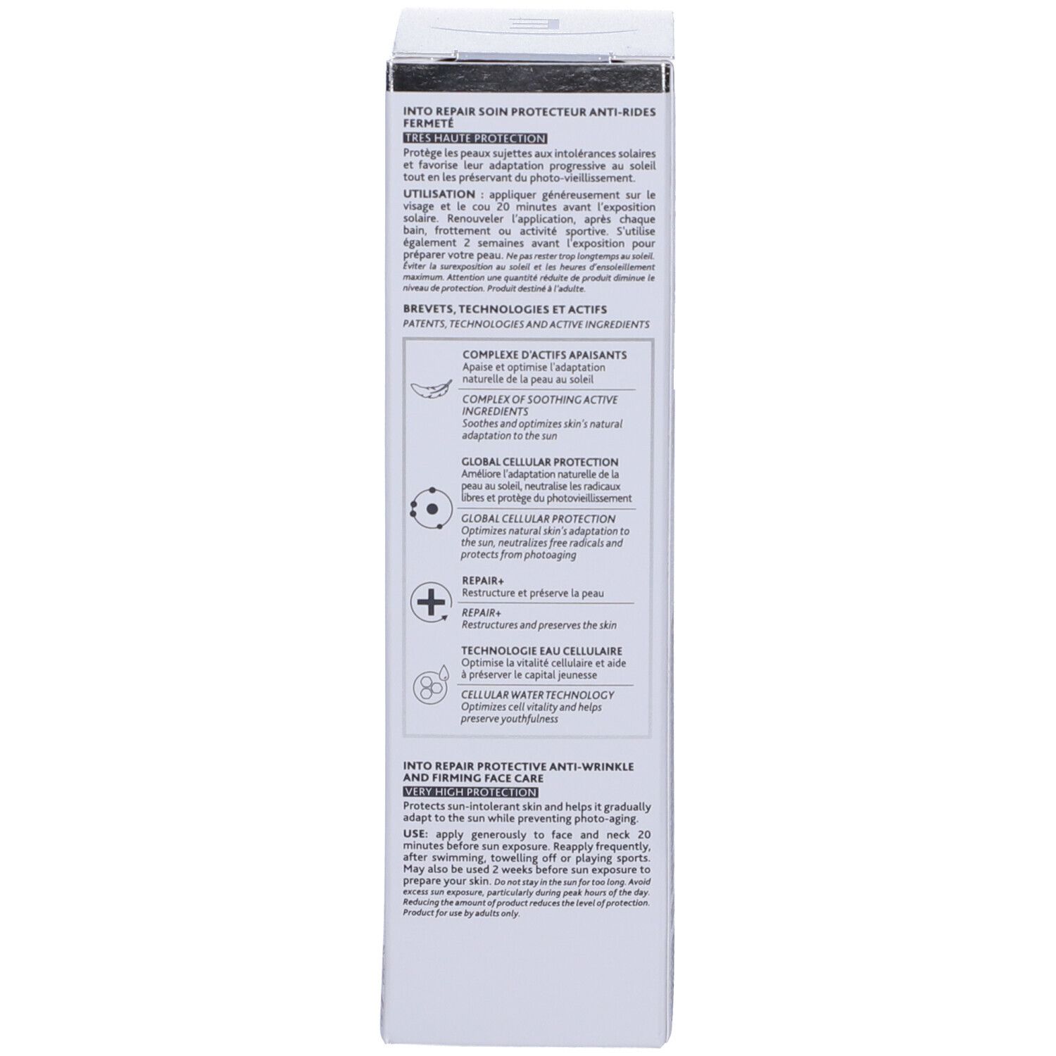 Kartonseite mit Text. Informationen zu Wirkstoffen und Anwendung des Produkts.