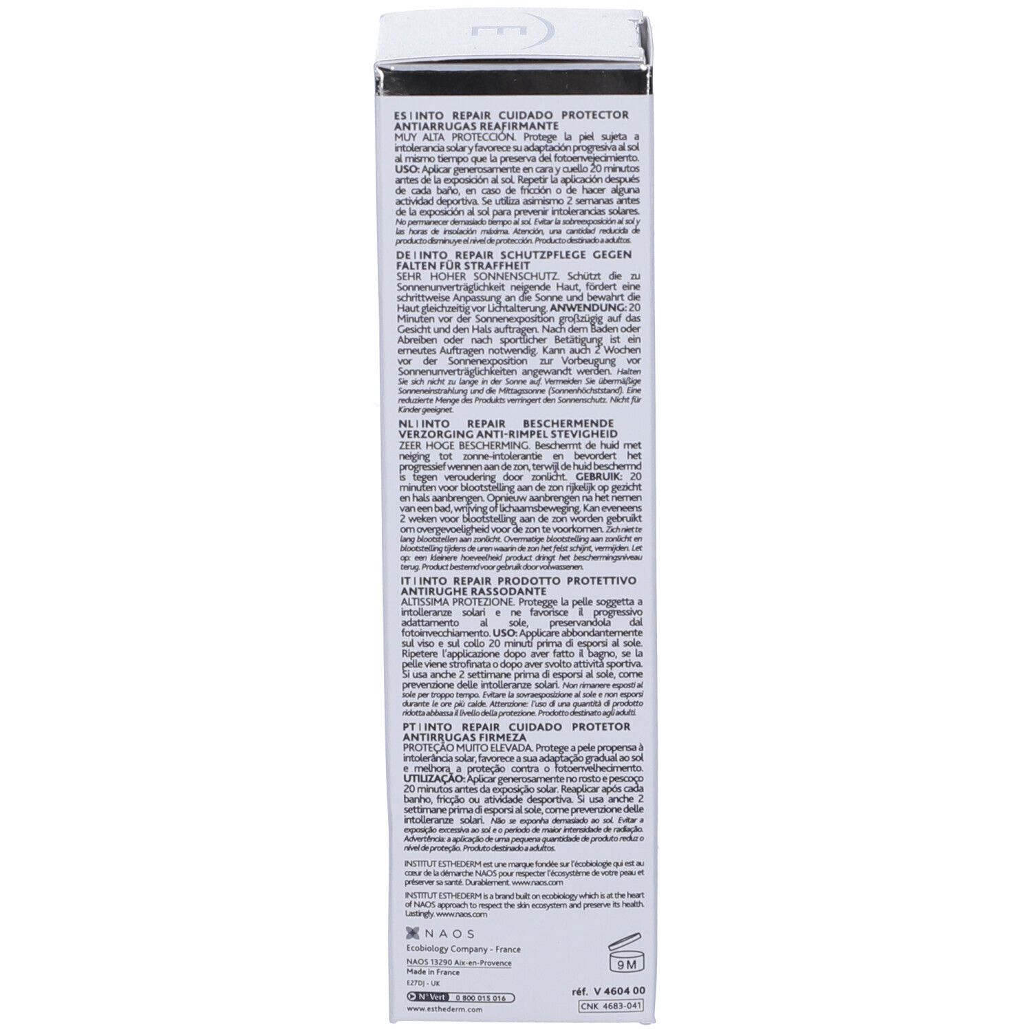 Kartonseite mit Text. Mehrsprachige Informationen zur Anwendung und Inhaltsstoffen.