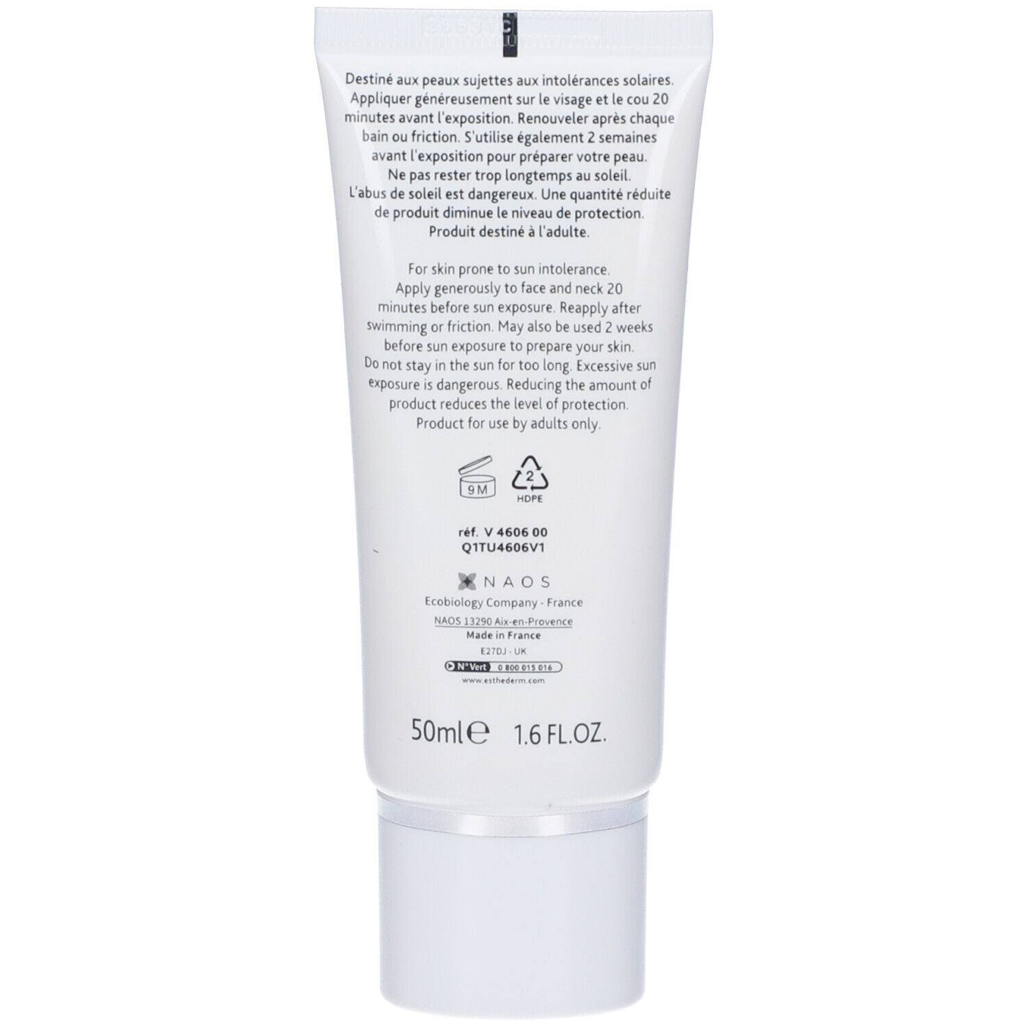 Rückseite der weißen Tube. Text in Französisch und Englisch. Informationen zur Anwendung. 50ml und 1.6 FL.OZ. angegeben.