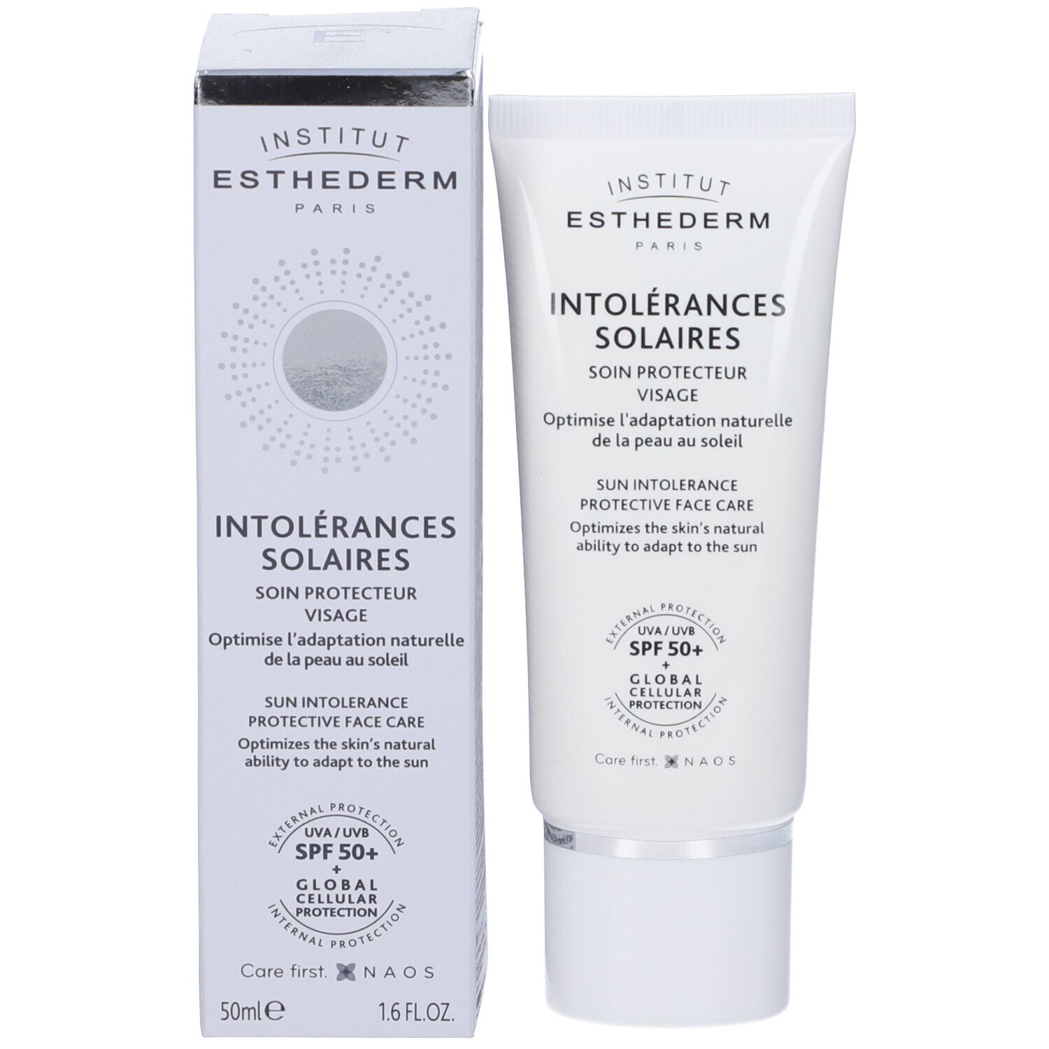 Produktverpackung mit Tube und Schachtel. Tube: weiß, Text 'Intolérances Solaires'. Schachtel: weiß, Text 'Intolérances Solaires'.