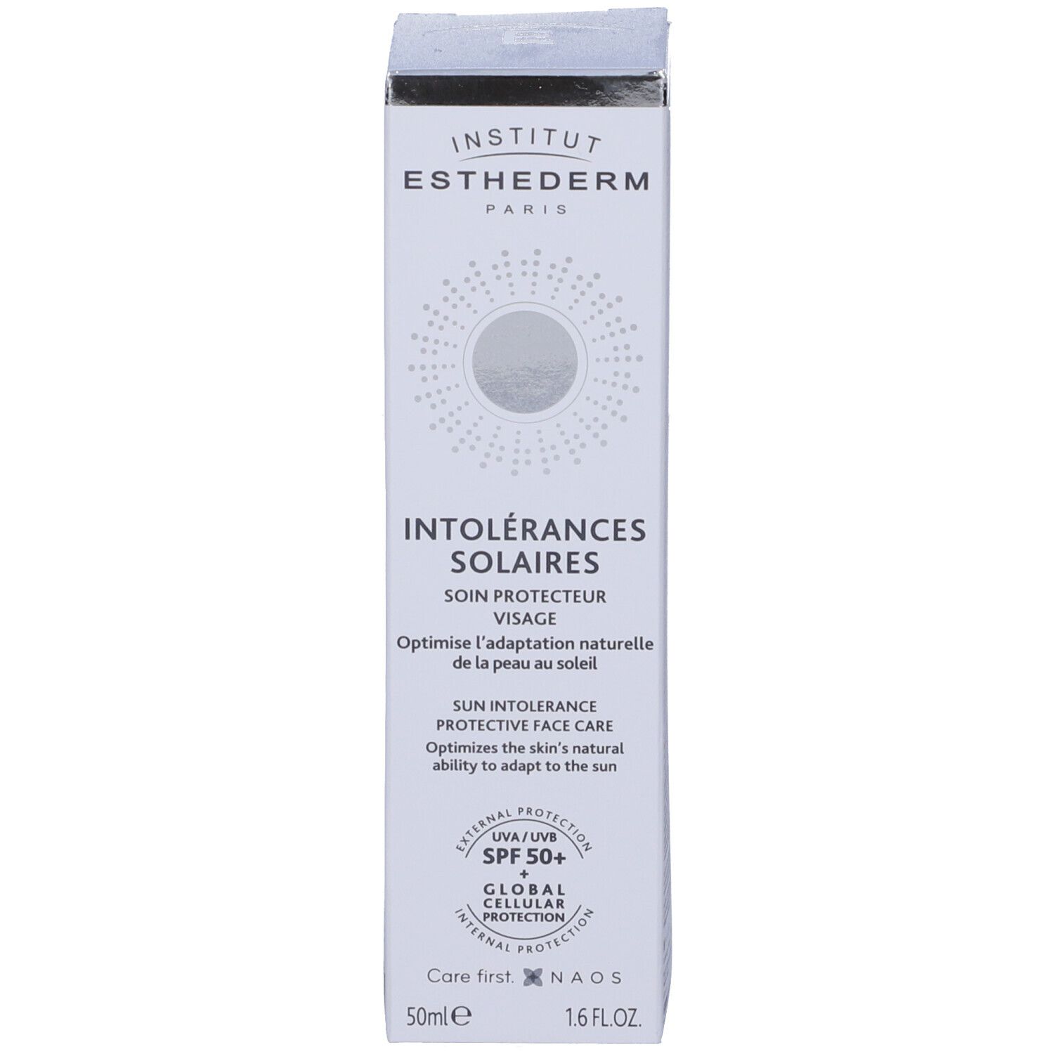 Weiße Schachtel mit Text 'Intolérances Solaires'. Text in Französisch. SPF 50+ Logo. Marke Institut Esthederm Paris.