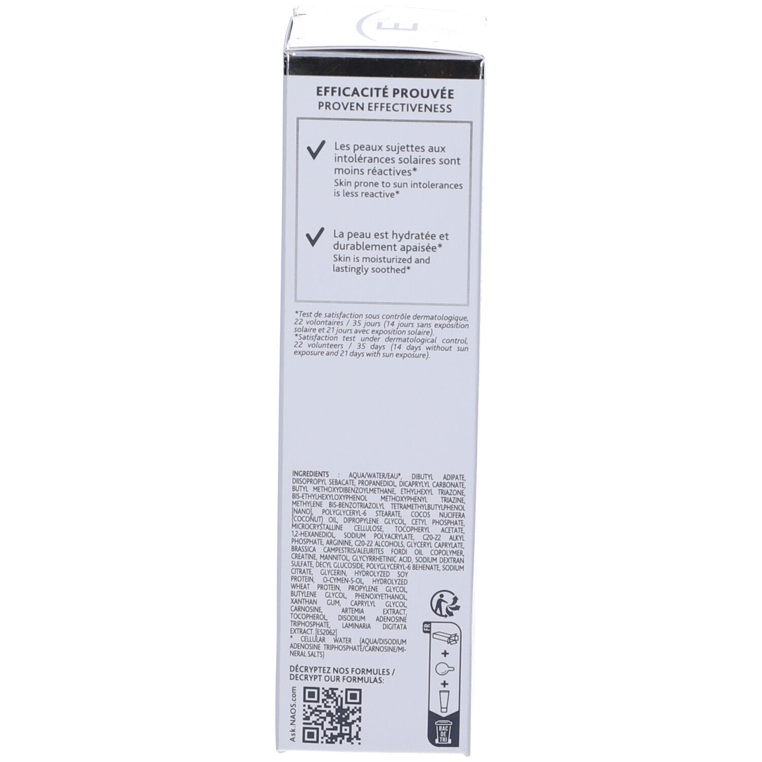 Schachtel mit Text. 'Efficacité prouvée'. Inhaltsstoffe und Informationen. Zwei Häkchen mit Text. QR-Code.