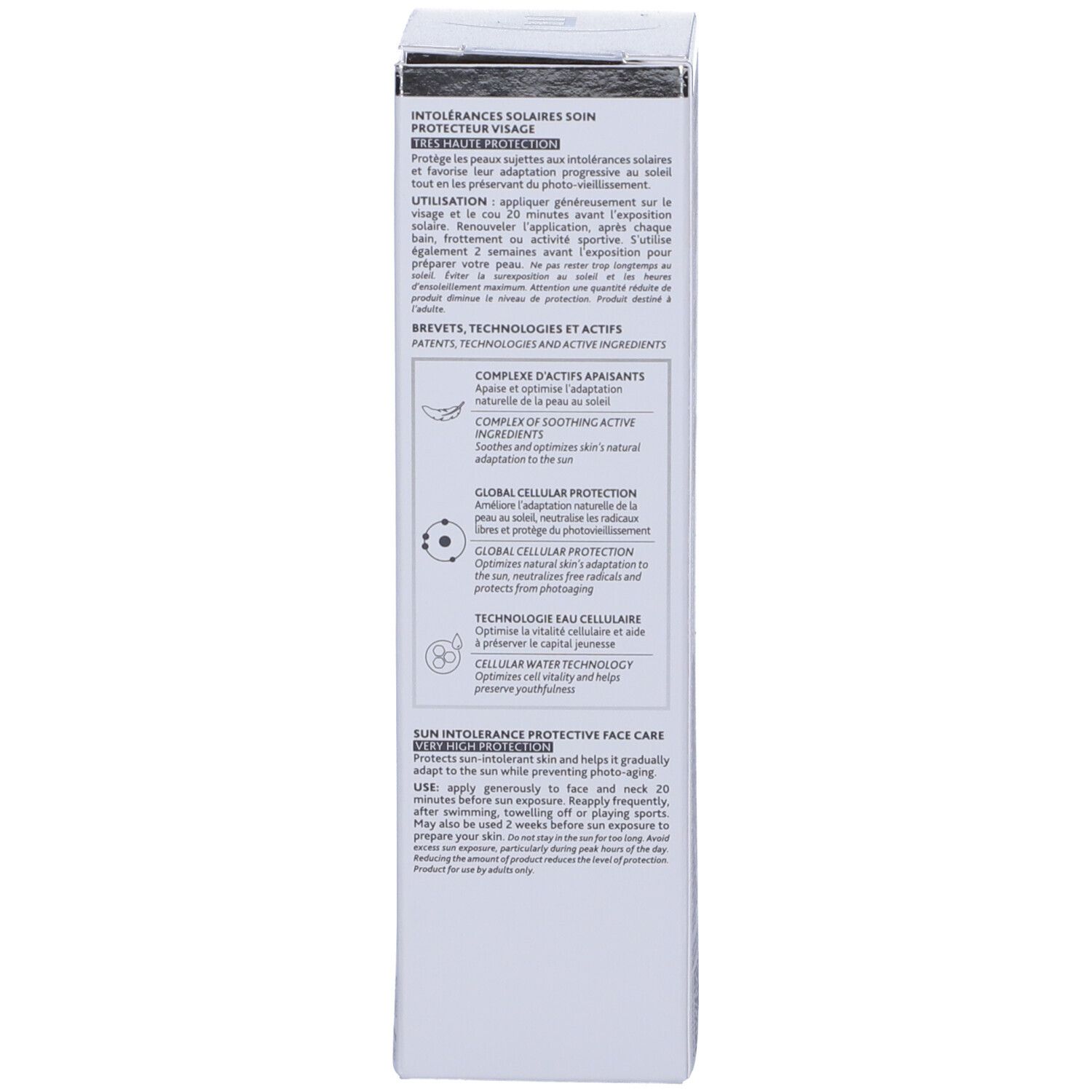 Schachtel mit Text. Informationen zu Inhaltsstoffen und Anwendung. Text in Französisch. Logo 'Global Cellular Protection'.