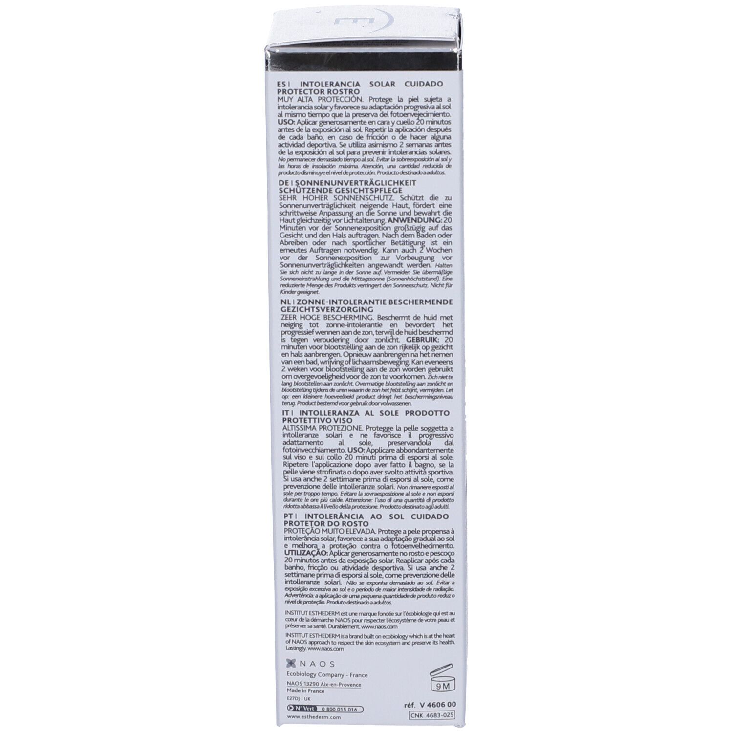 Schachtel mit Text. Mehrsprachiger Text. Informationen zur Anwendung. Logo 'NAOS'. 50ml und 1.6 FL.OZ. angegeben.