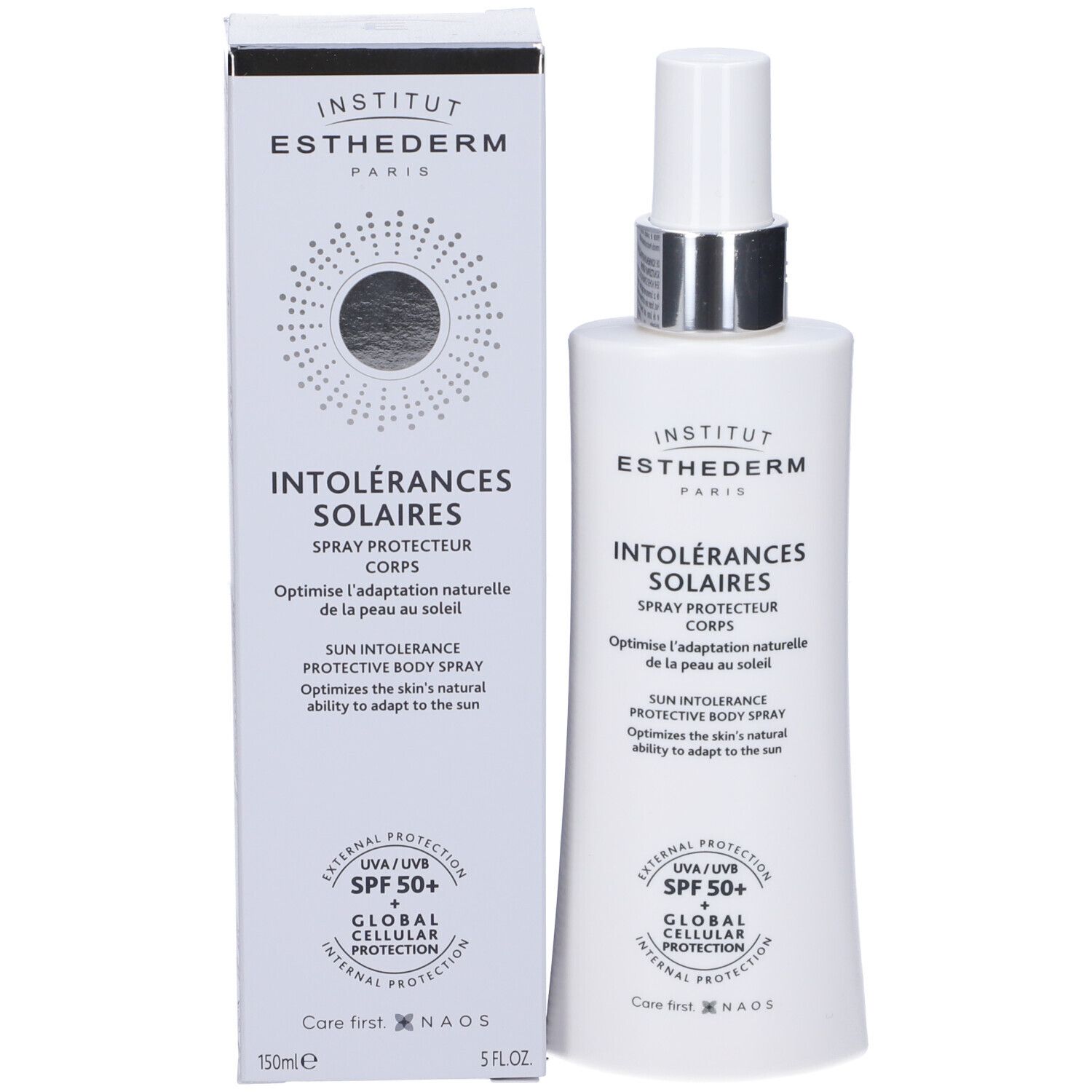 Produkt mit Verpackung. Weisse Schachtel und Flasche. Aufschrift: Institut Esthederm, Intolérances Solaires, SPF 50+.