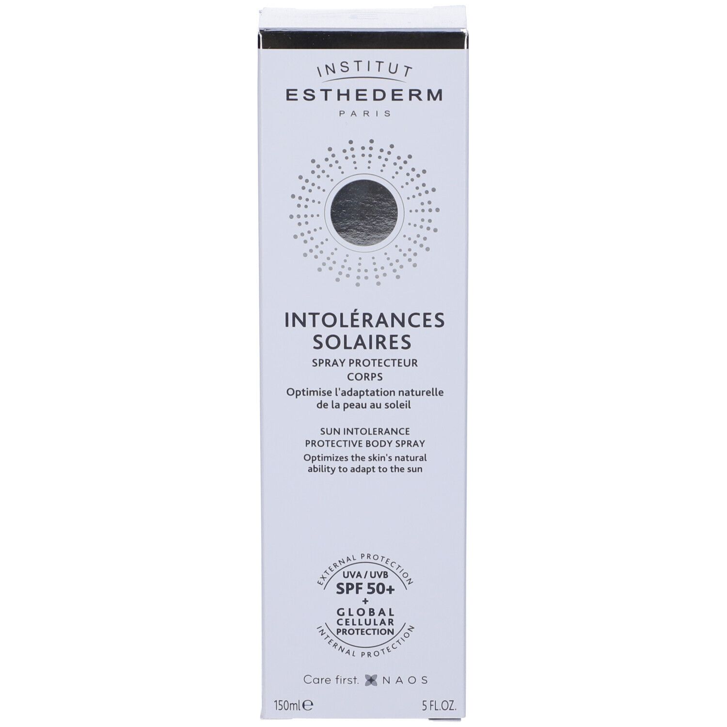 Weisse Schachtel mit Produktnamen und SPF 50+. Aufschrift: Institut Esthederm, Intolérances Solaires.