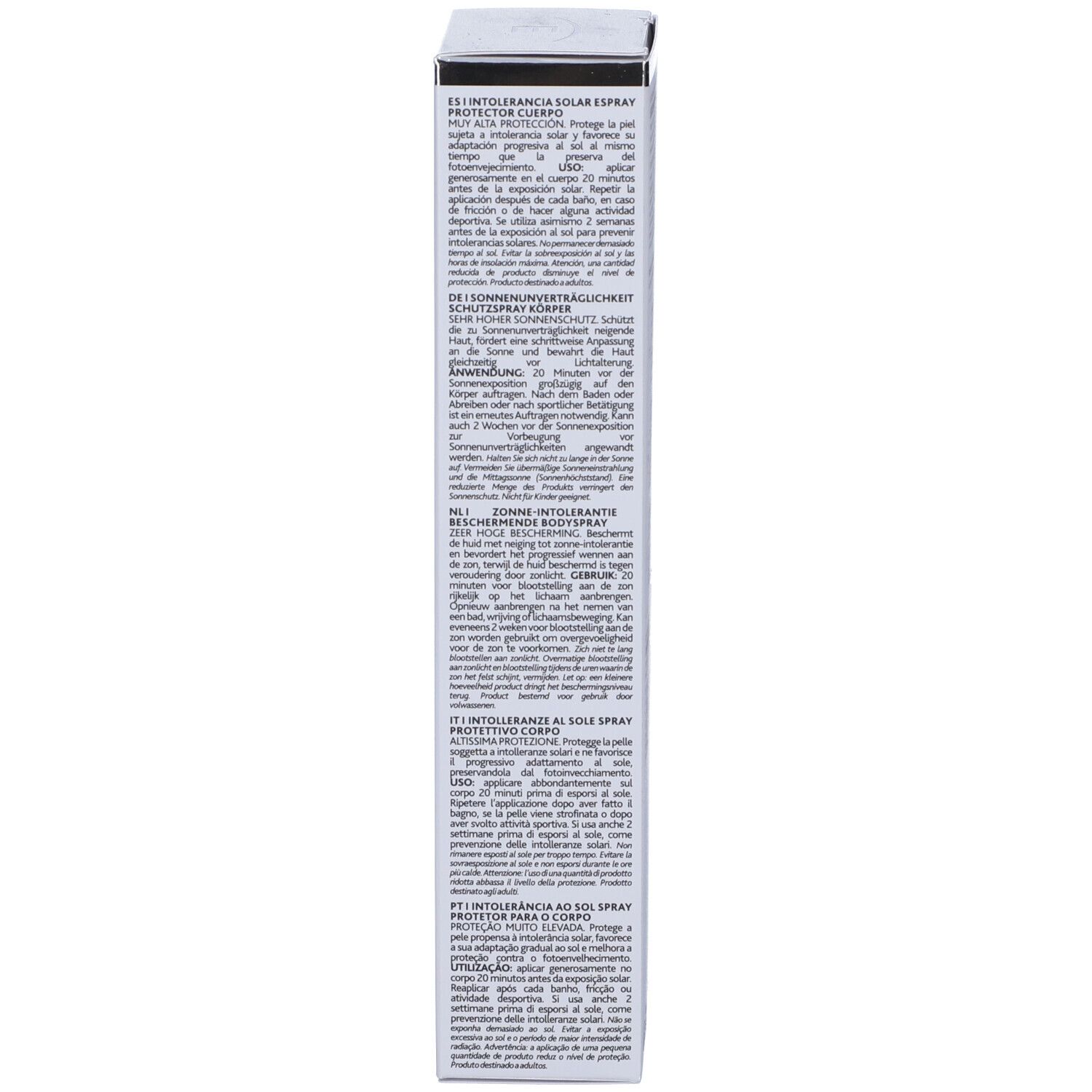Schachtel mit Text. Mehrsprachige Anweisungen zur Anwendung des Produkts.
