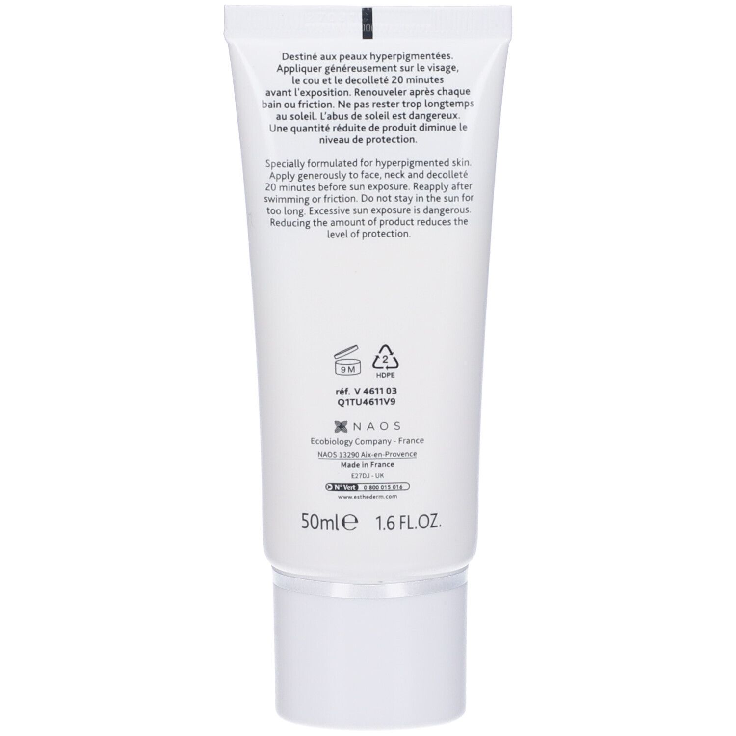 Rückseite der Tube "Institut Esthederm Photo Reverse". Text und Symbole. 50ml, 1.6 FL.OZ.