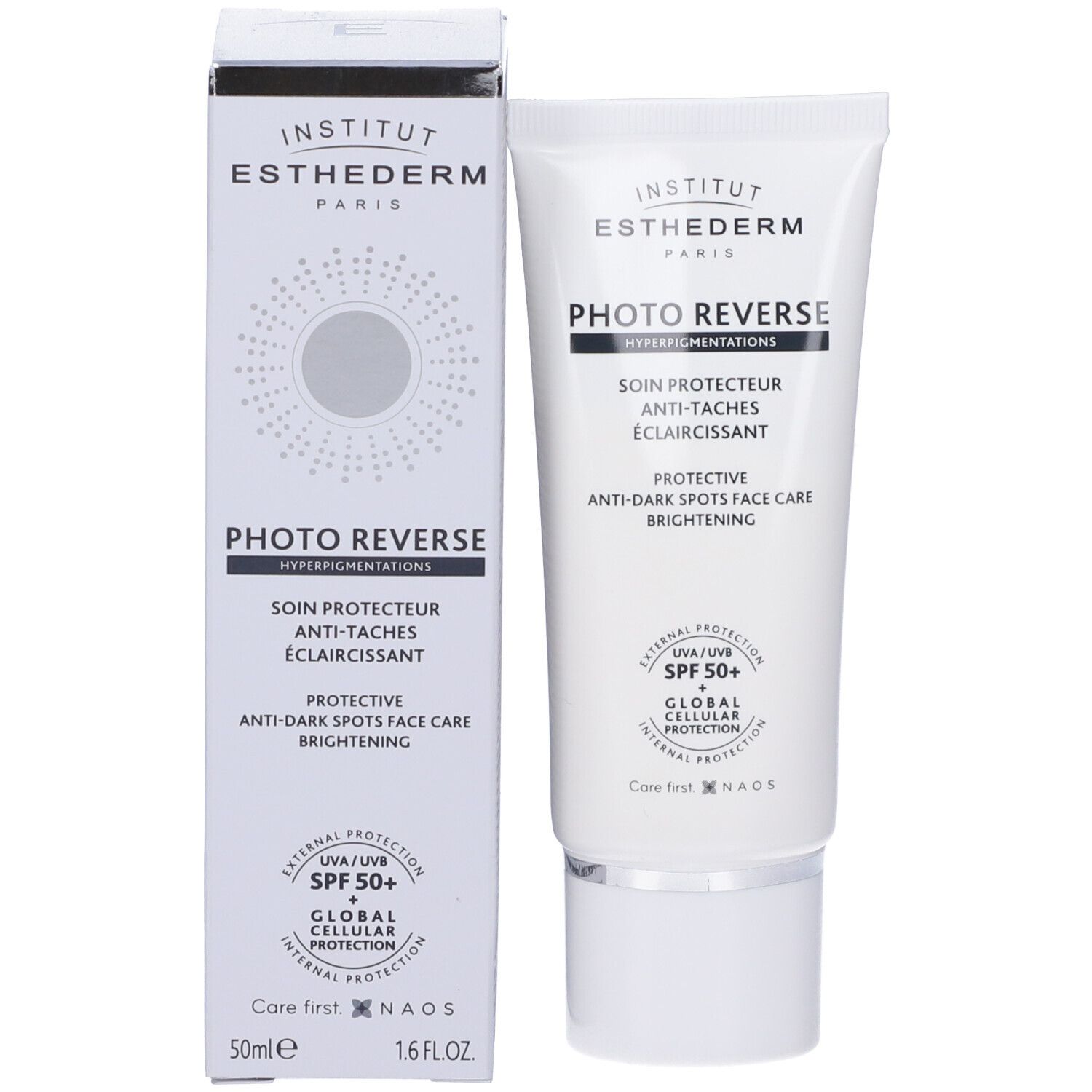 Produkt und Verpackung "Institut Esthederm Photo Reverse". Tube und Schachtel. Text: Anti-Flecken, SPF 50+.