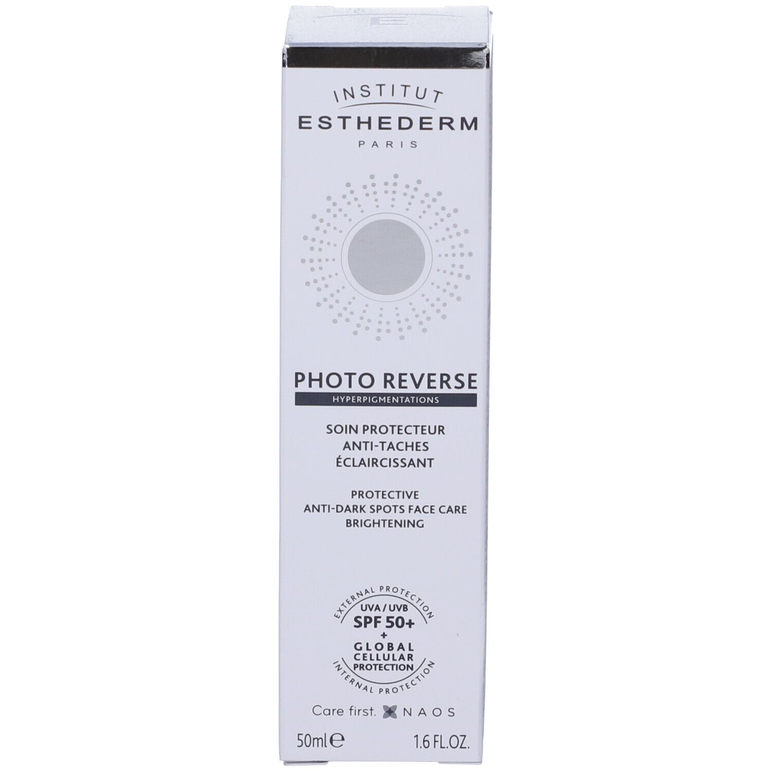 Schachtel "Institut Esthederm Photo Reverse". Text: Anti-Flecken, Aufhellung, SPF 50+.