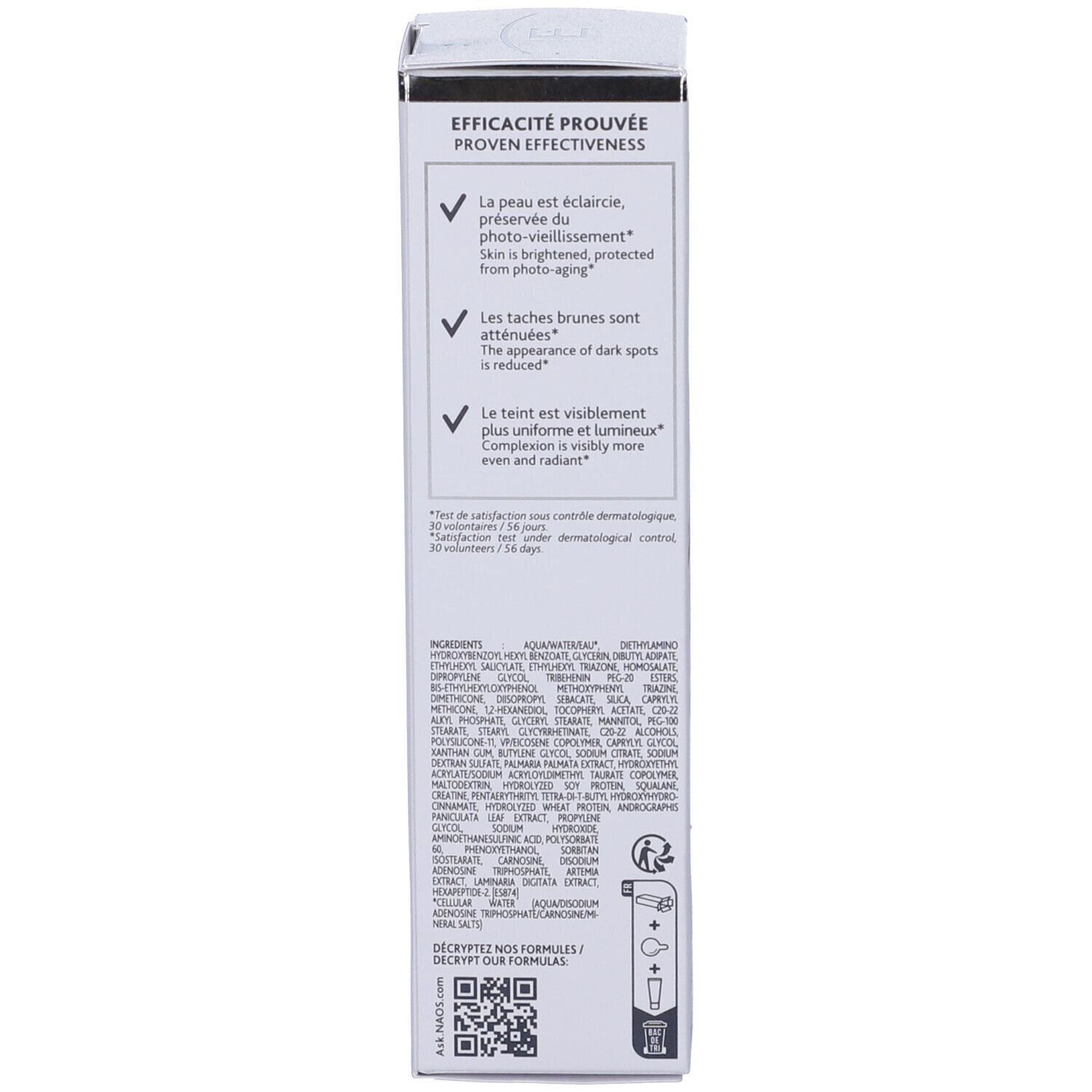 Schachtel "Institut Esthederm Photo Reverse". Text: Wirksamkeit, Inhaltsstoffe, QR-Code.