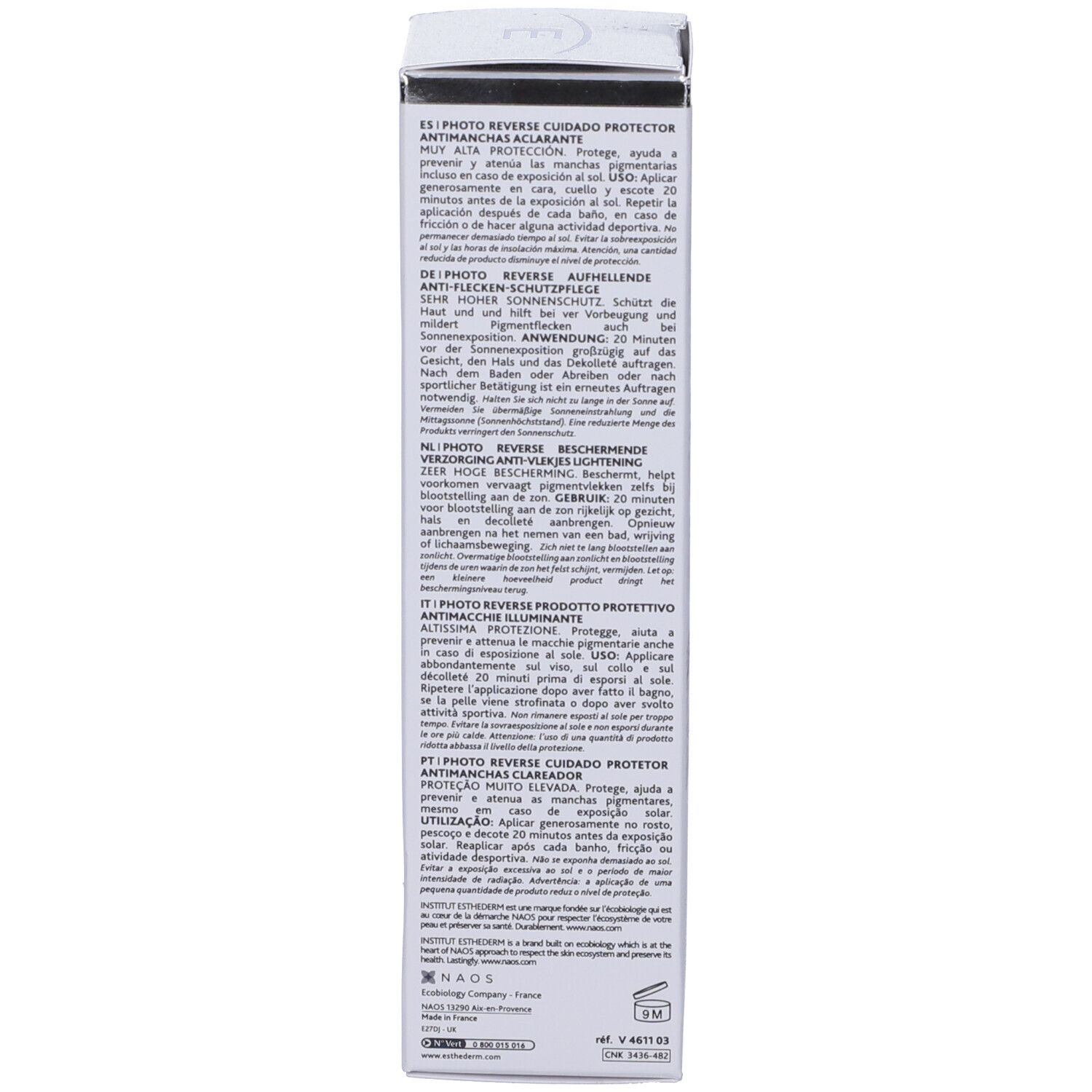Schachtel "Institut Esthederm Photo Reverse". Text: Anwendung, Inhaltsstoffe, Technologie.