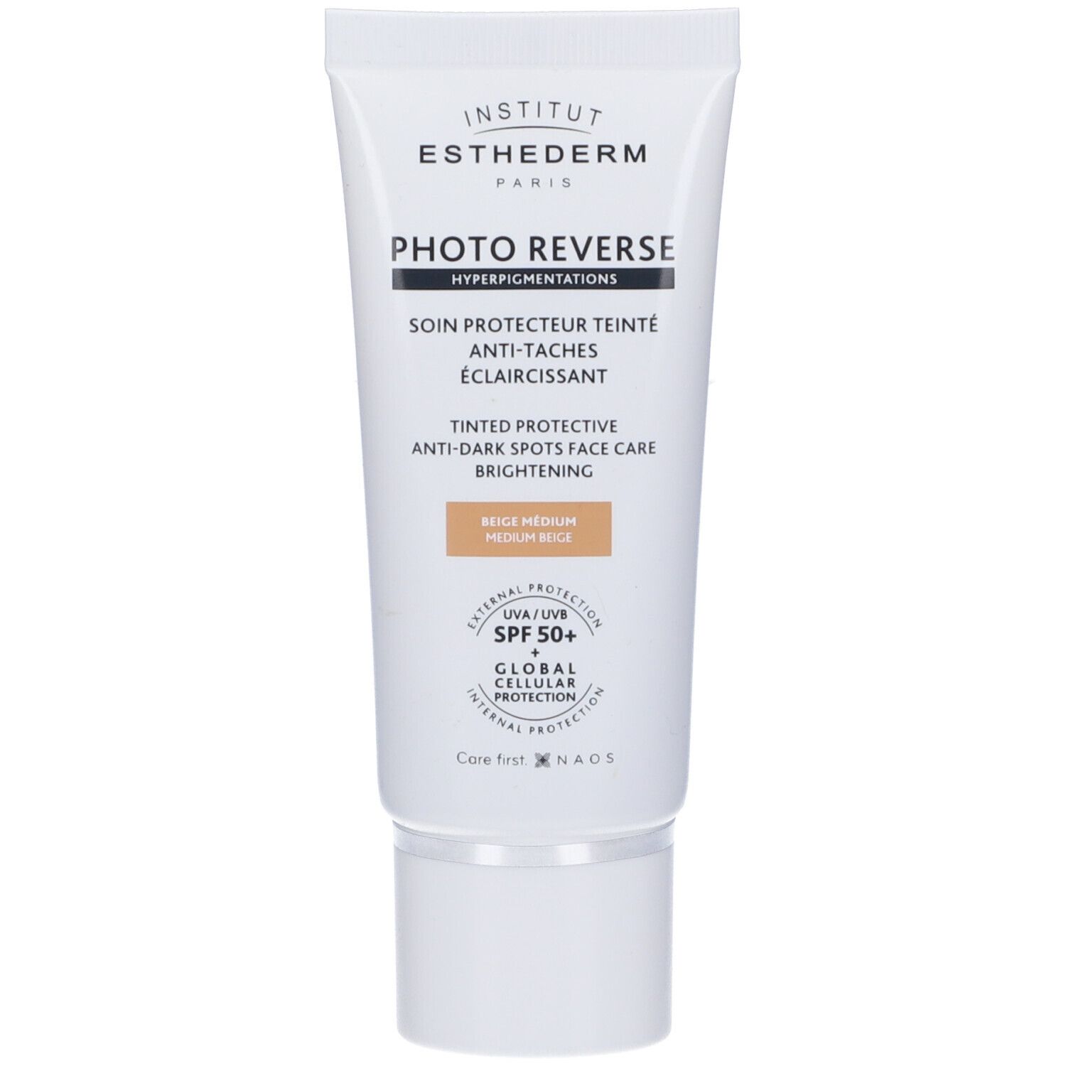 Creme-Tube mit Aufschrift Photo Reverse, Beige Medium. SPF 50+. Marke Institut Esthederm.