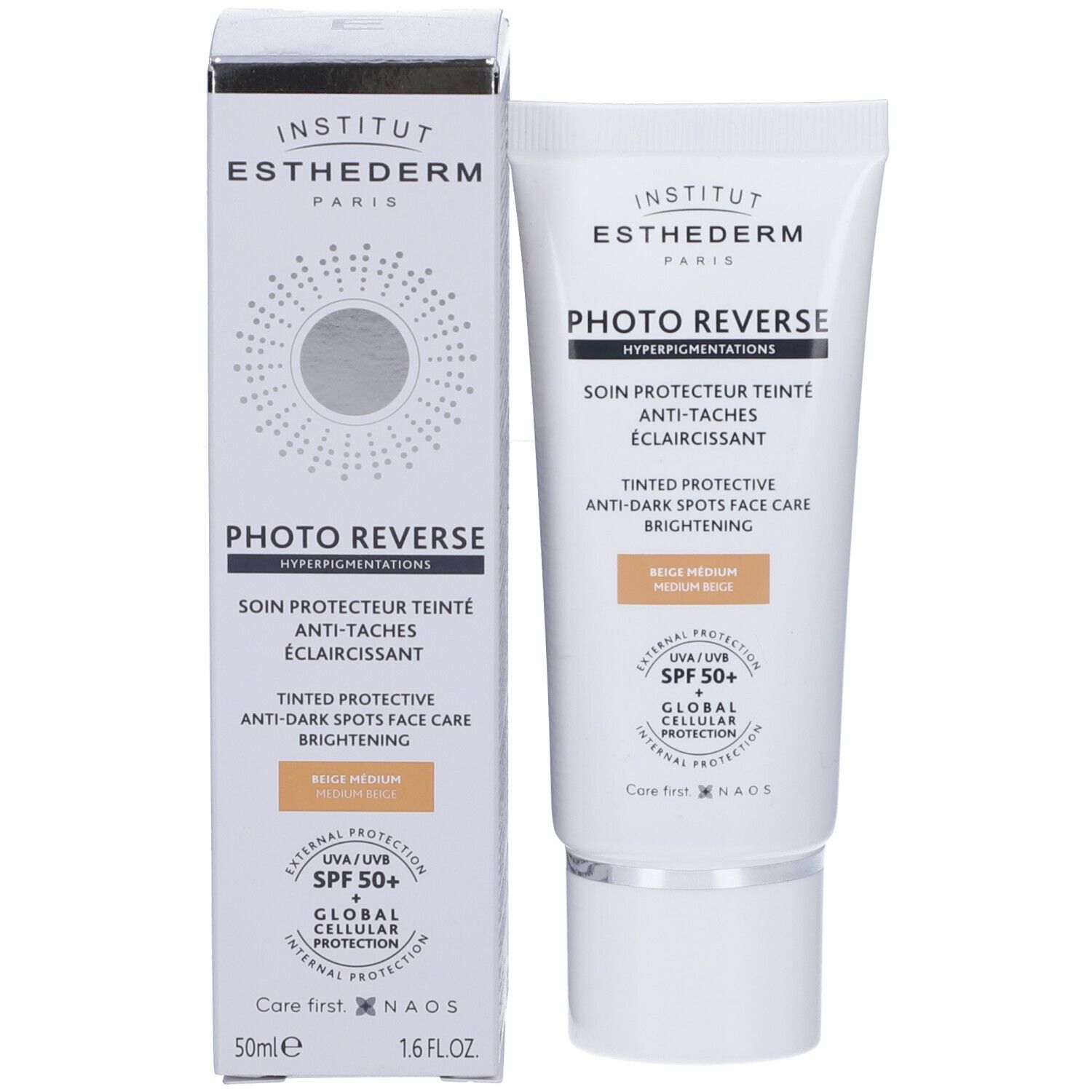 Produktverpackung: Tube und Schachtel. Aufschrift Photo Reverse, Beige Medium. SPF 50+. Marke Institut Esthederm.