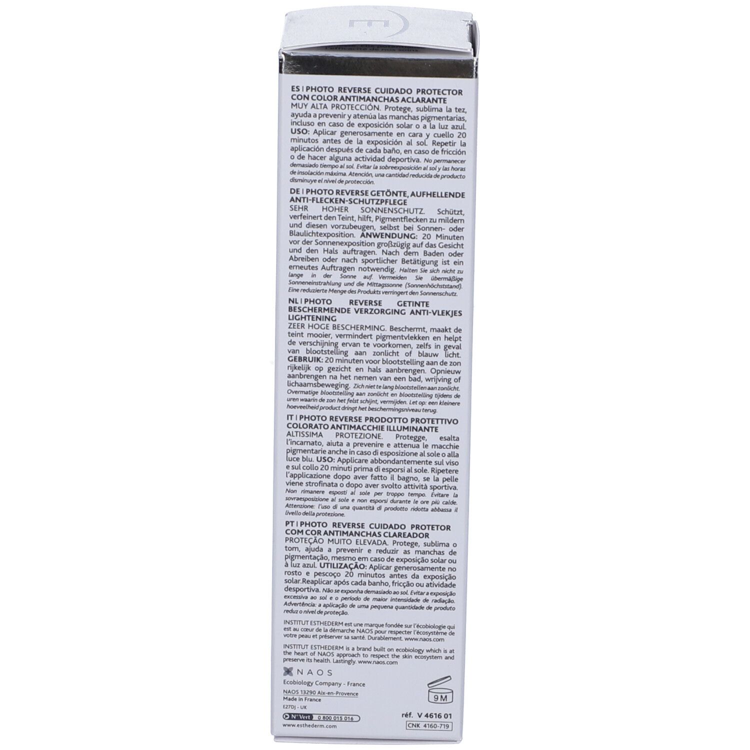Schachtel, Text: Photo Reverse, Sonnenschutz, Aufhellung, Anwendungshinweise in verschiedenen Sprachen.