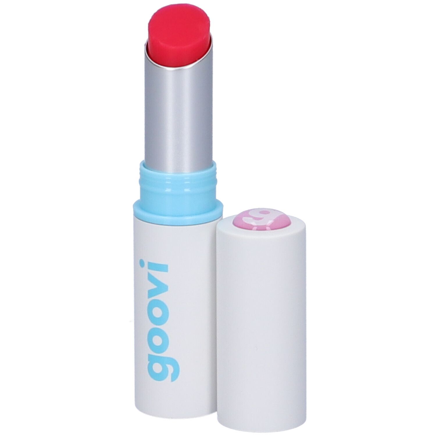 Balsamo labbra rosso, tubo argento, corpo bianco con accento blu. Tappo accanto.