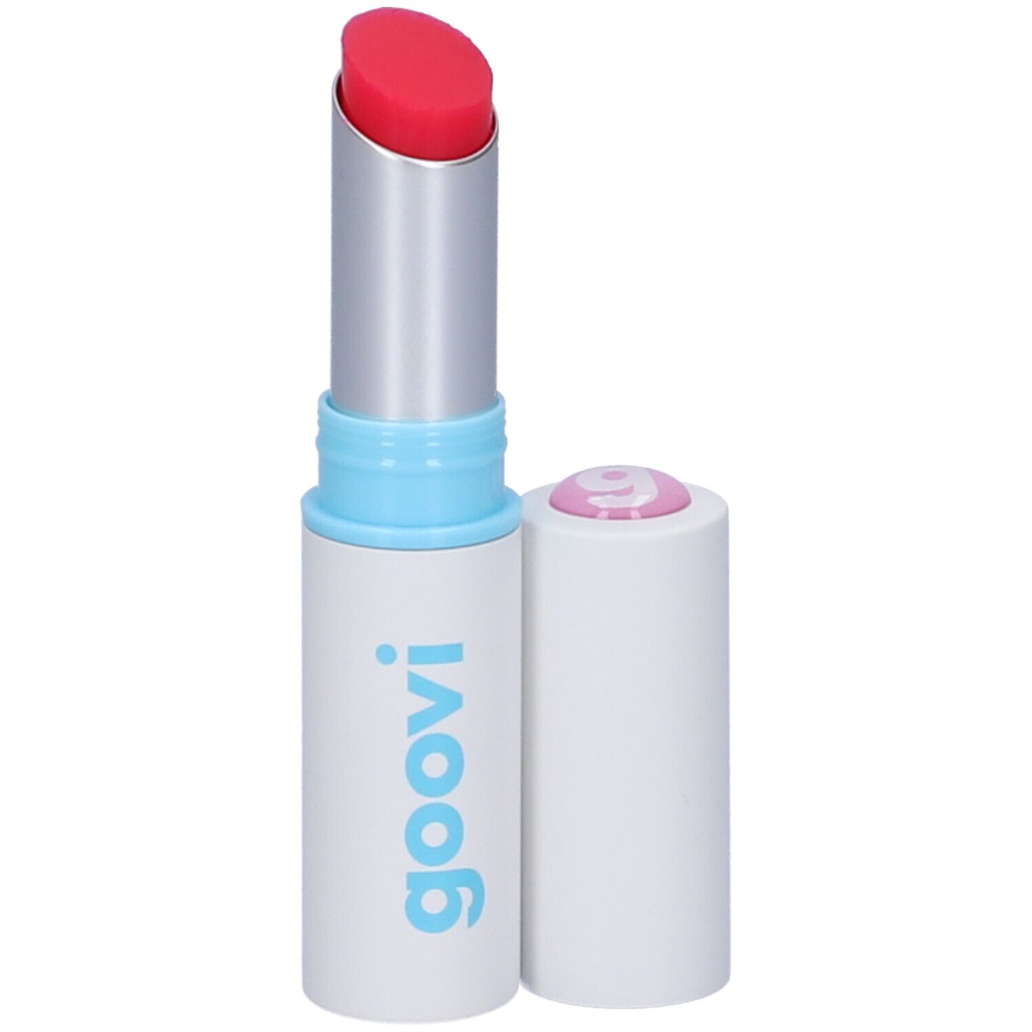 Balsamo labbra rosso, tubo argento, corpo bianco con accento blu. Tappo accanto.