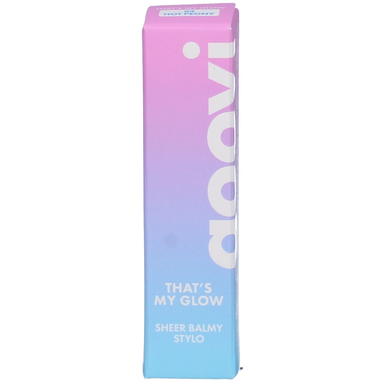 Confezione rettangolare, sfumatura rosa-blu. Testo: Goovi, That's My Glow, Sheer Balmy Stylo.