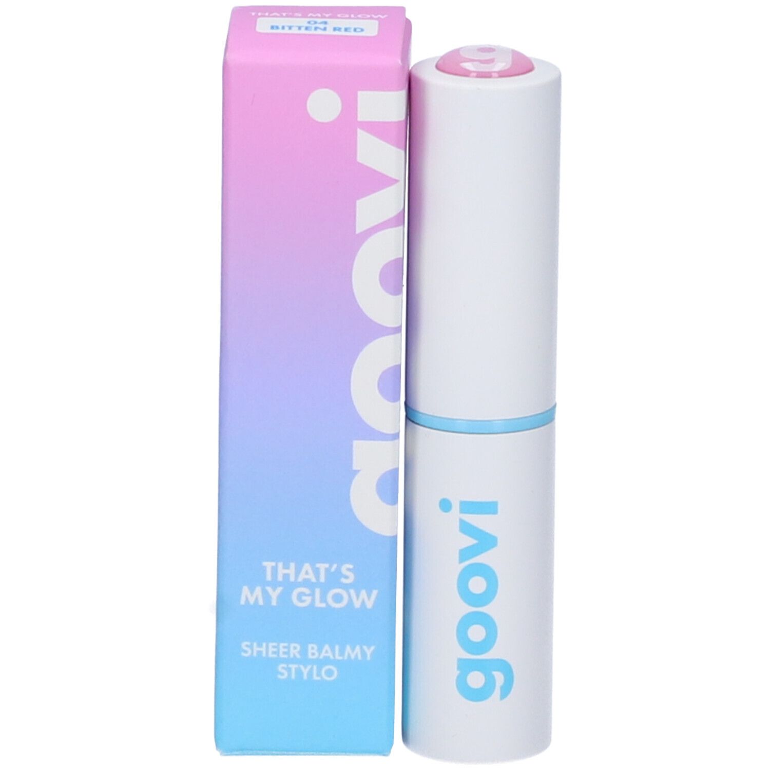Stick di balsamo labbra bianco e confezione. Confezione sfumata con scritta "goovi". Stick con tappo rosa. "Bitten Red".