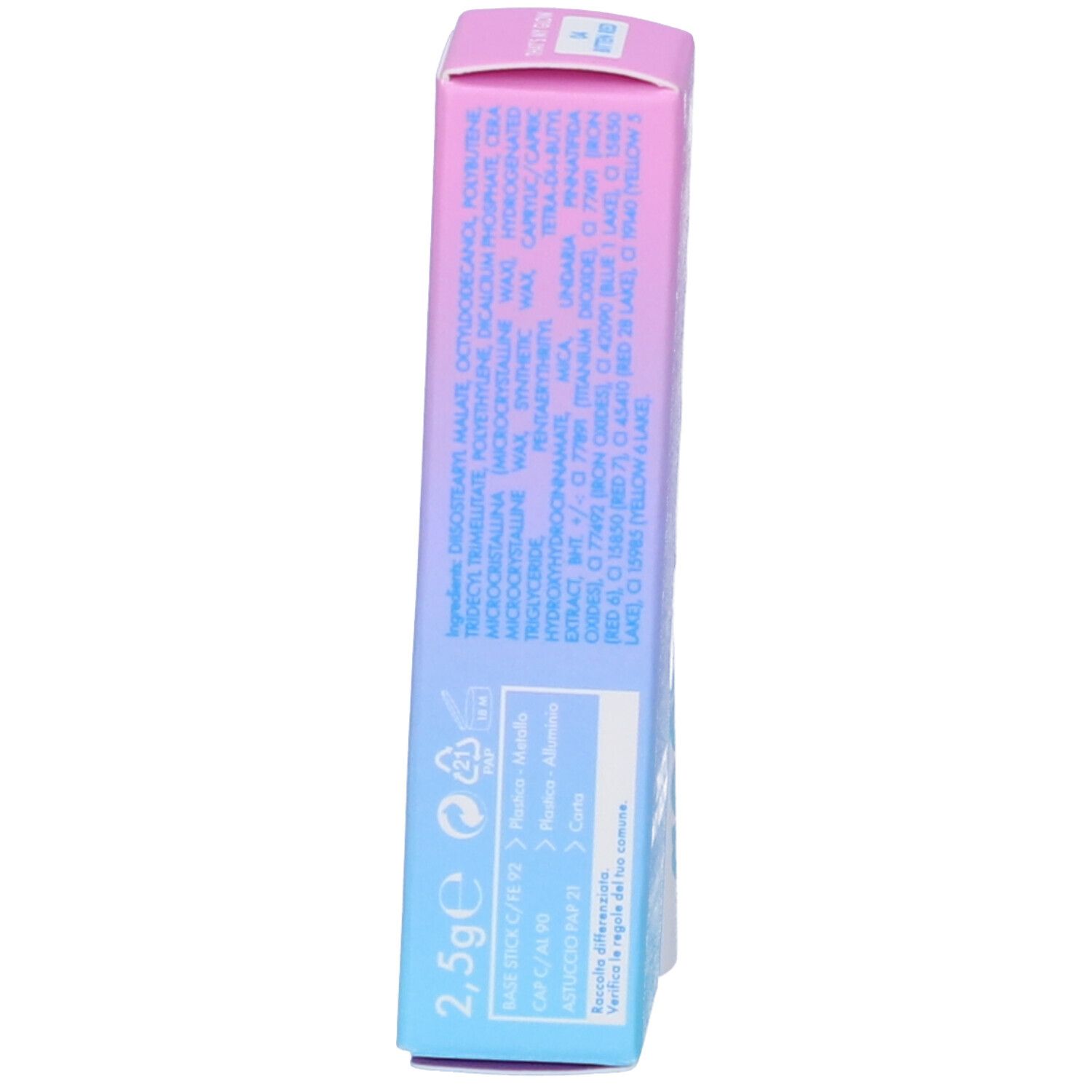 Piccola confezione rettangolare con ingredienti e informazioni. Sfumatura da rosa a blu. "2,5g" e simboli di riciclo.