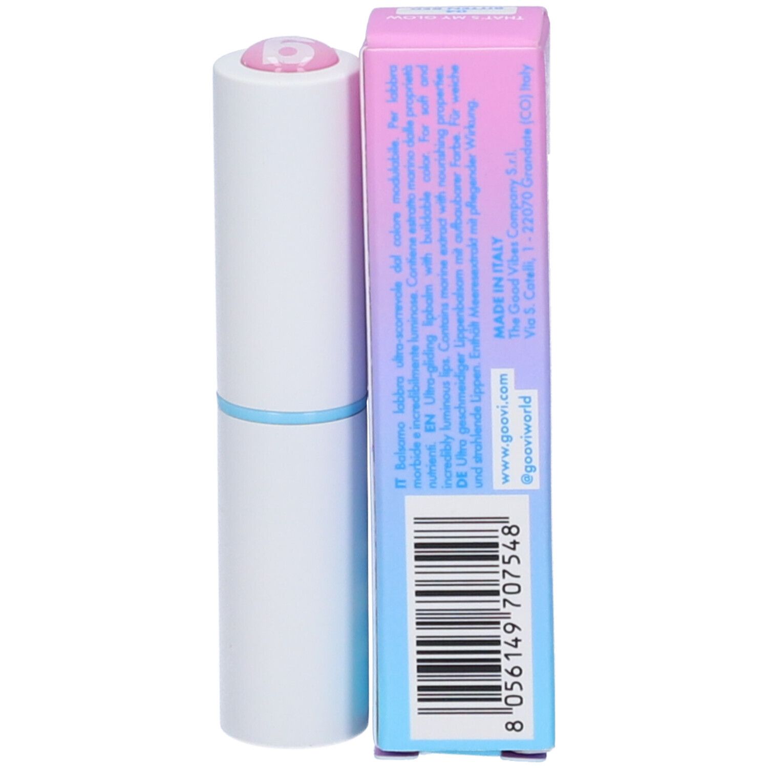 Stick di balsamo labbra bianco e confezione. Confezione sfumata con scritta "goovi". Stick con tappo rosa. "Bitten Red".