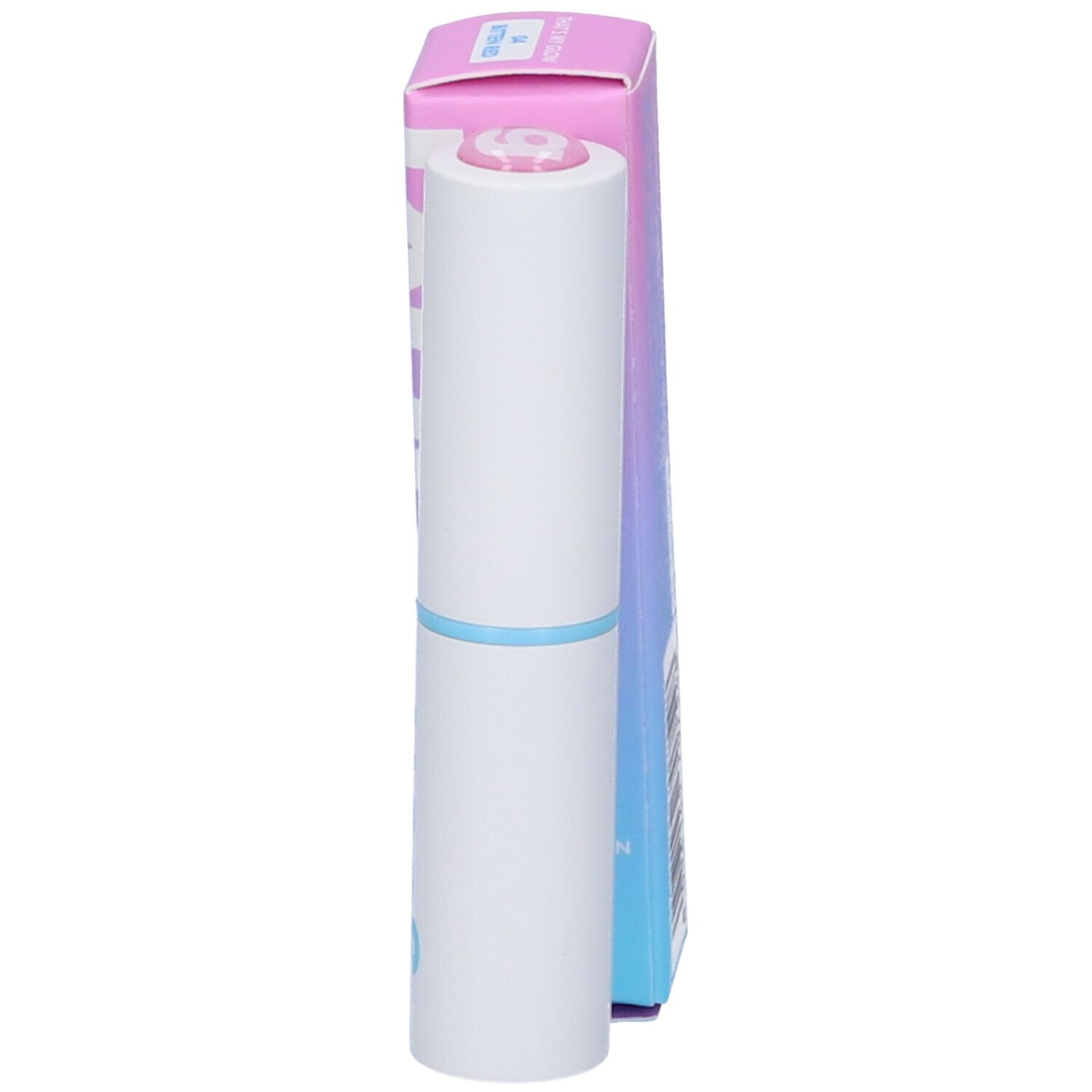 Stick di balsamo labbra bianco e confezione. Confezione sfumata con scritta "goovi". Stick con tappo rosa. "Bitten Red".