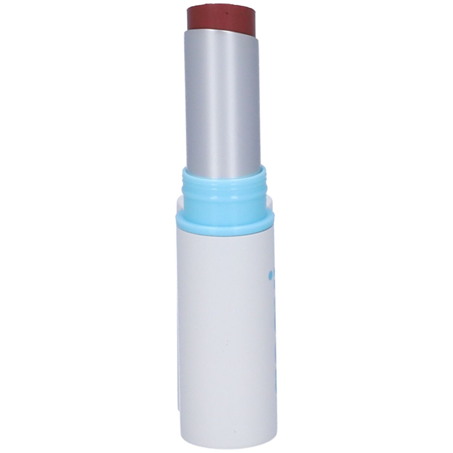 Balsamo per labbra con cappuccio chiuso. Contenitore bianco con accento blu, stilo argentato, punta rosata.