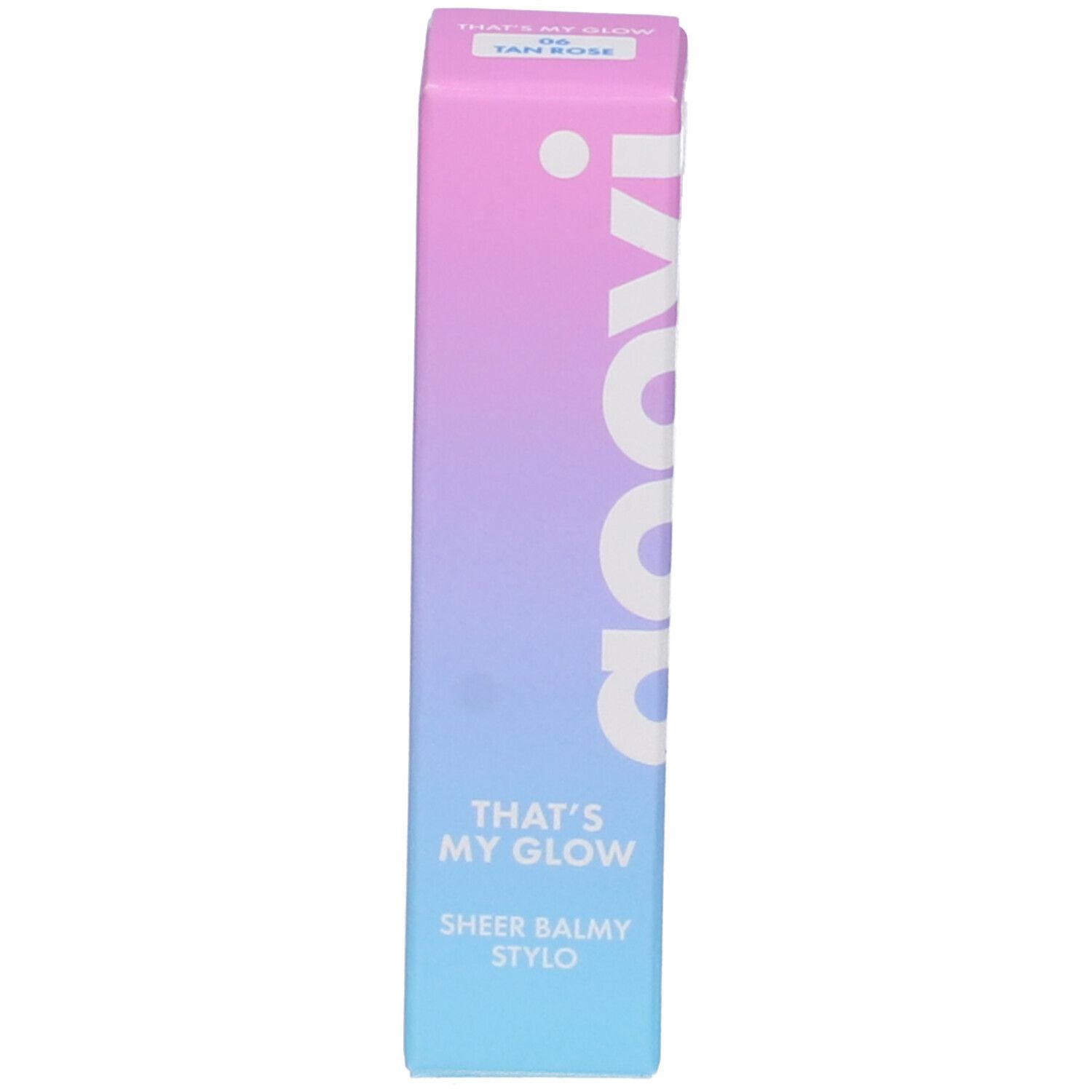 Confezione per balsamo labbra. Sfumatura rosa-blu. Testo: That's My Glow, Sheer Balmy Stylo.