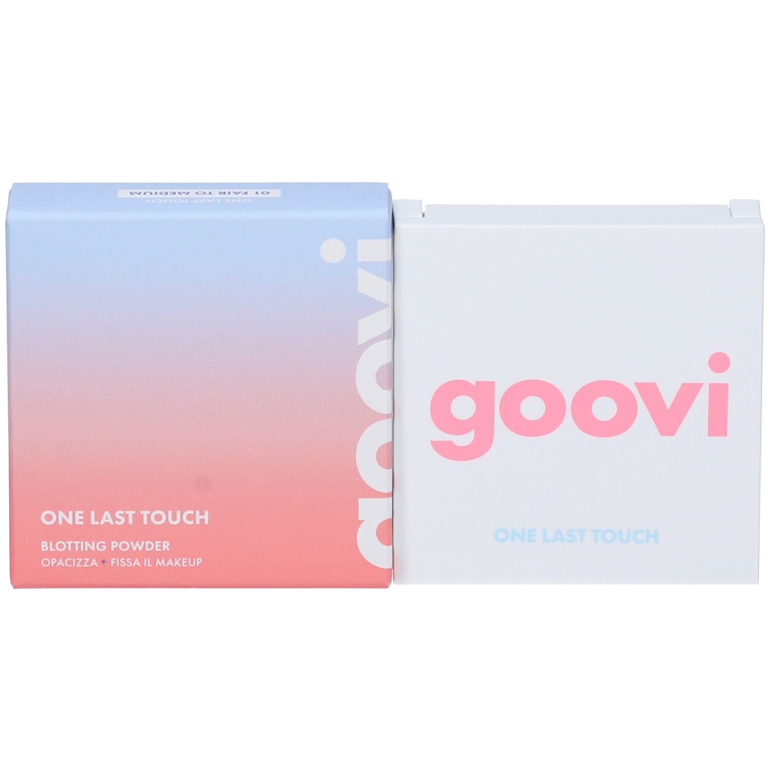 Due confezioni di polvere affiancate. A sinistra: “ONE LAST TOUCH” e “goovi”. A destra: “goovi” e “ONE LAST TOUCH”.