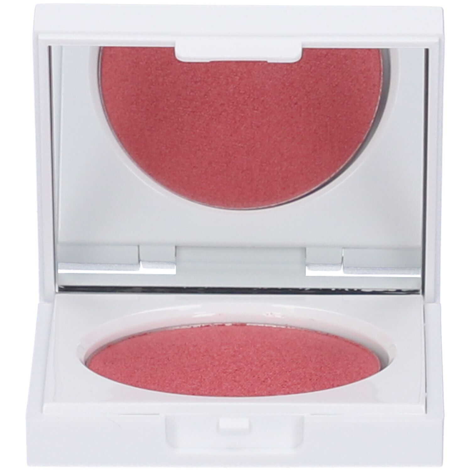 Contenitore bianco quadrato con specchio e fard rosa. Coperchio aperto.