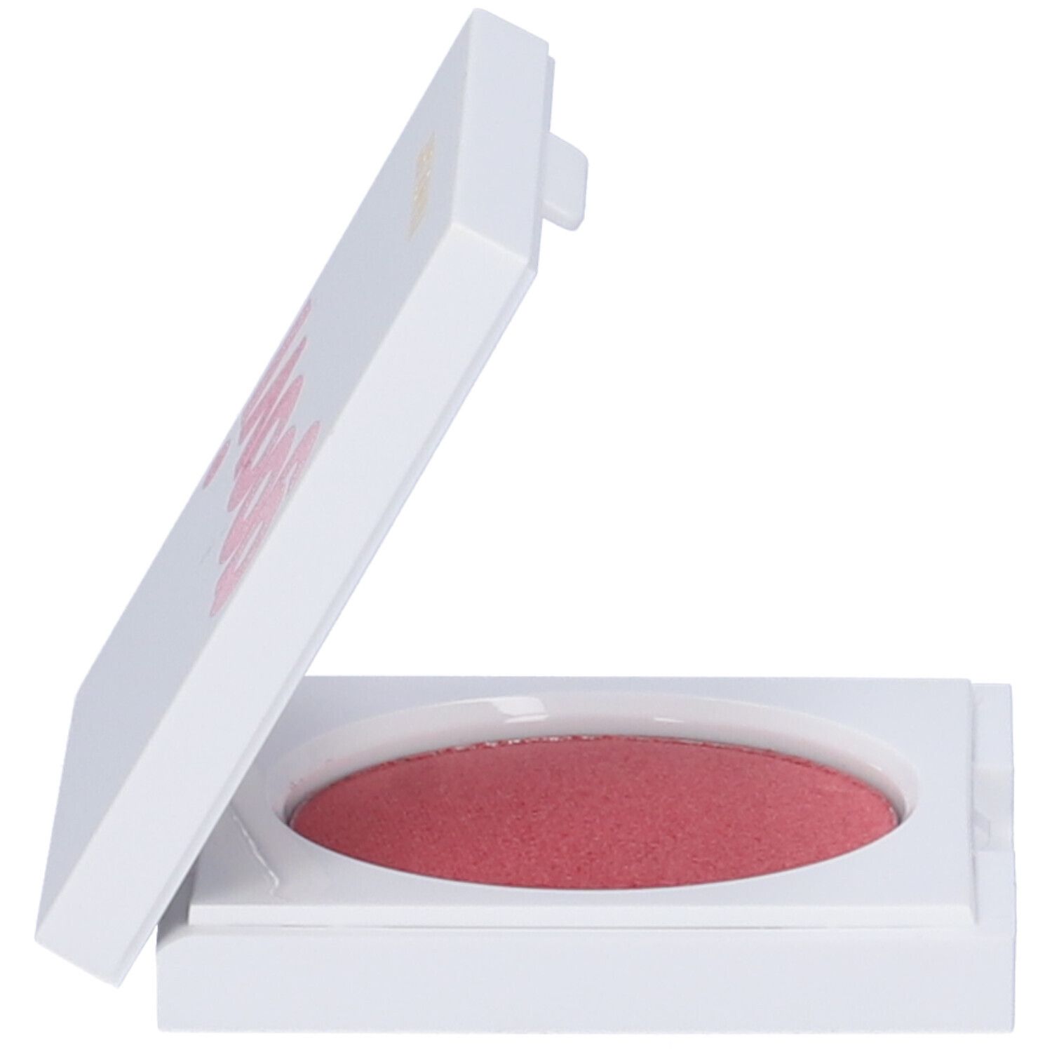 Contenitore bianco con fard rosa, coperchio aperto. Scritta 'I'M NOT SHY' sul coperchio.