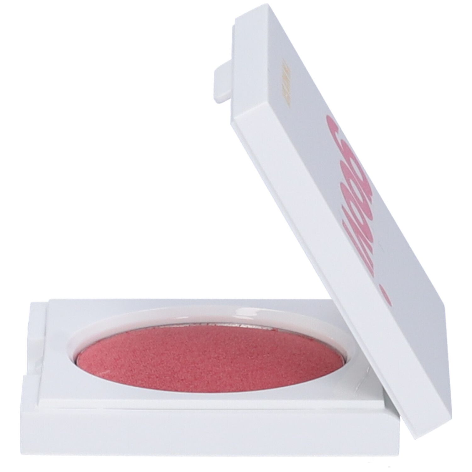Contenitore bianco con fard rosa, coperchio aperto. Scritta 'I'M NOT SHY' sul coperchio.