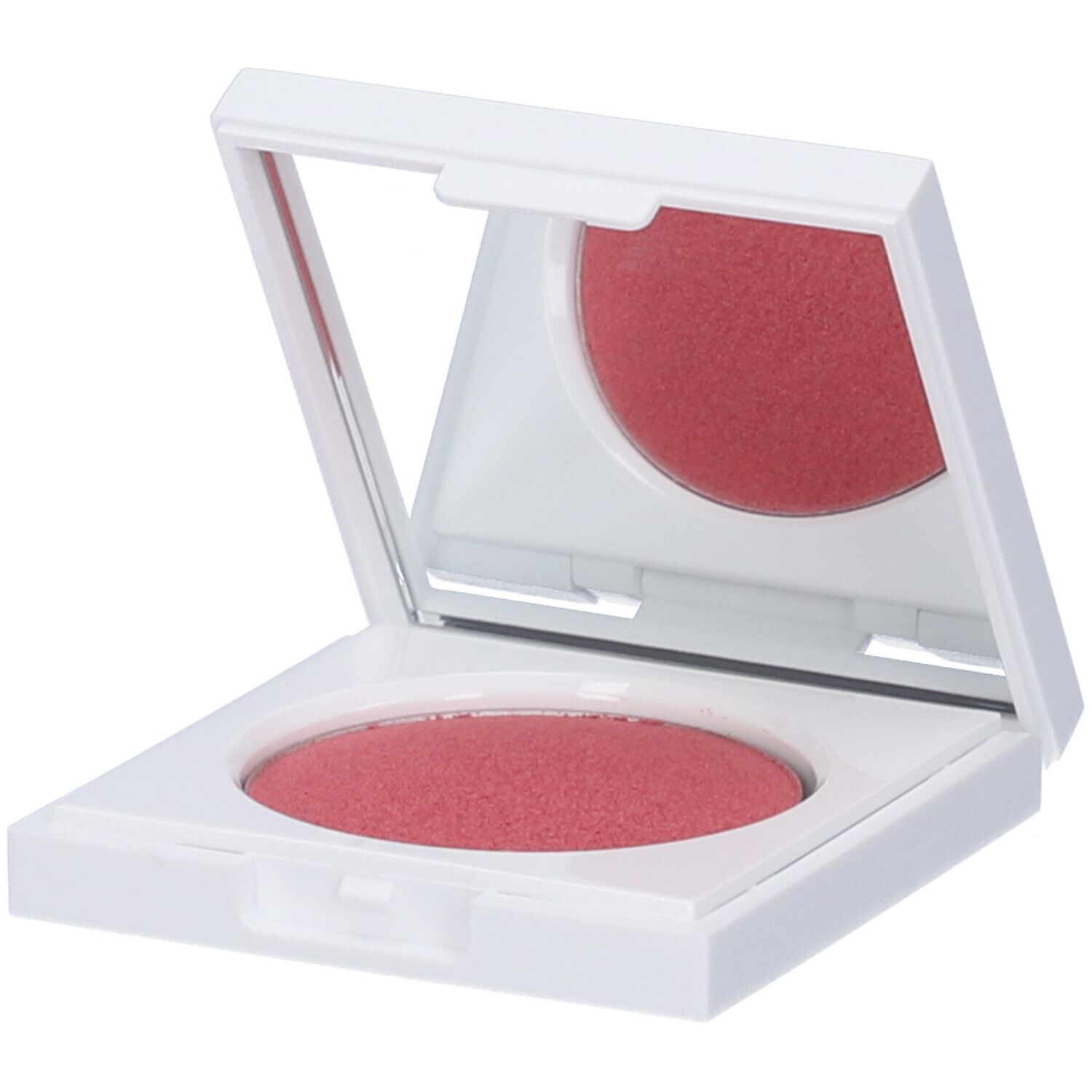 Contenitore bianco quadrato con specchio e fard rosa. Coperchio aperto.
