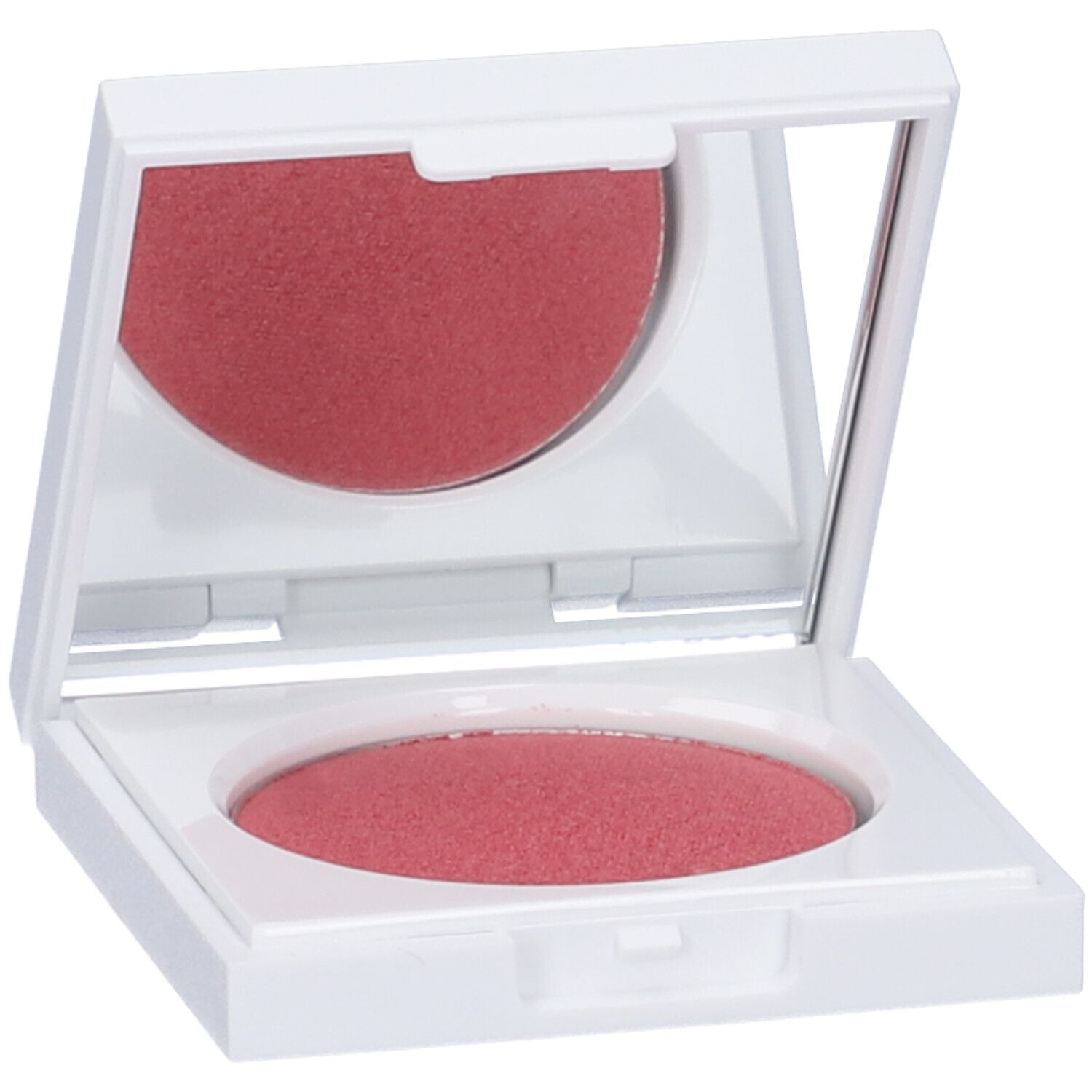 Contenitore bianco quadrato con specchio e fard rosa. Coperchio aperto.