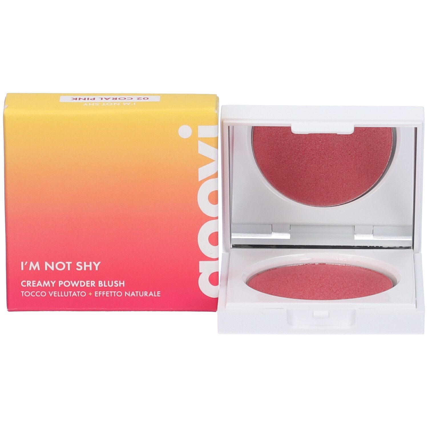 Confezione e contenitore aperto con fard. Confezione con 'Goovi', 'I'M NOT SHY'.