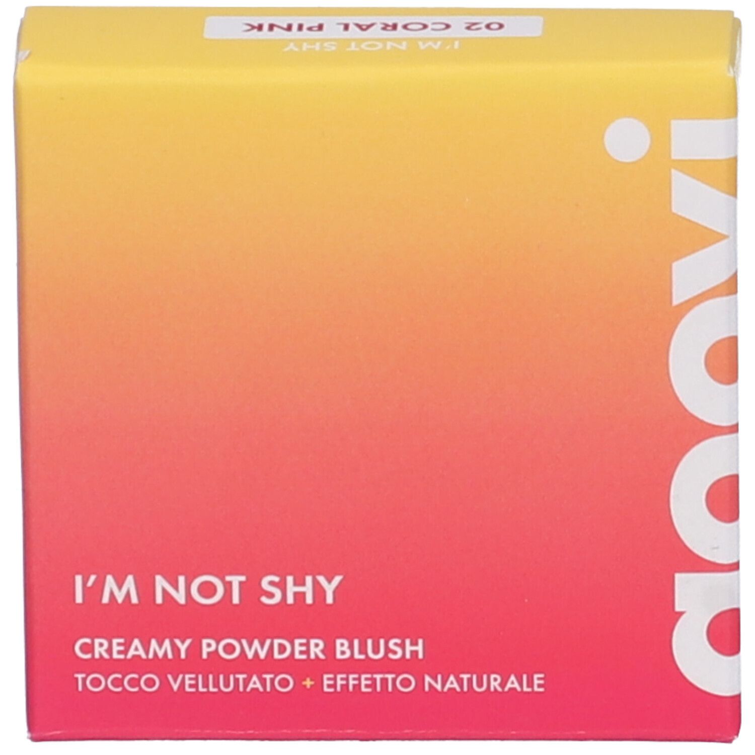 Confezione quadrata con 'Goovi', 'I'M NOT SHY' e informazioni prodotto. Sfumatura giallo-rossa.