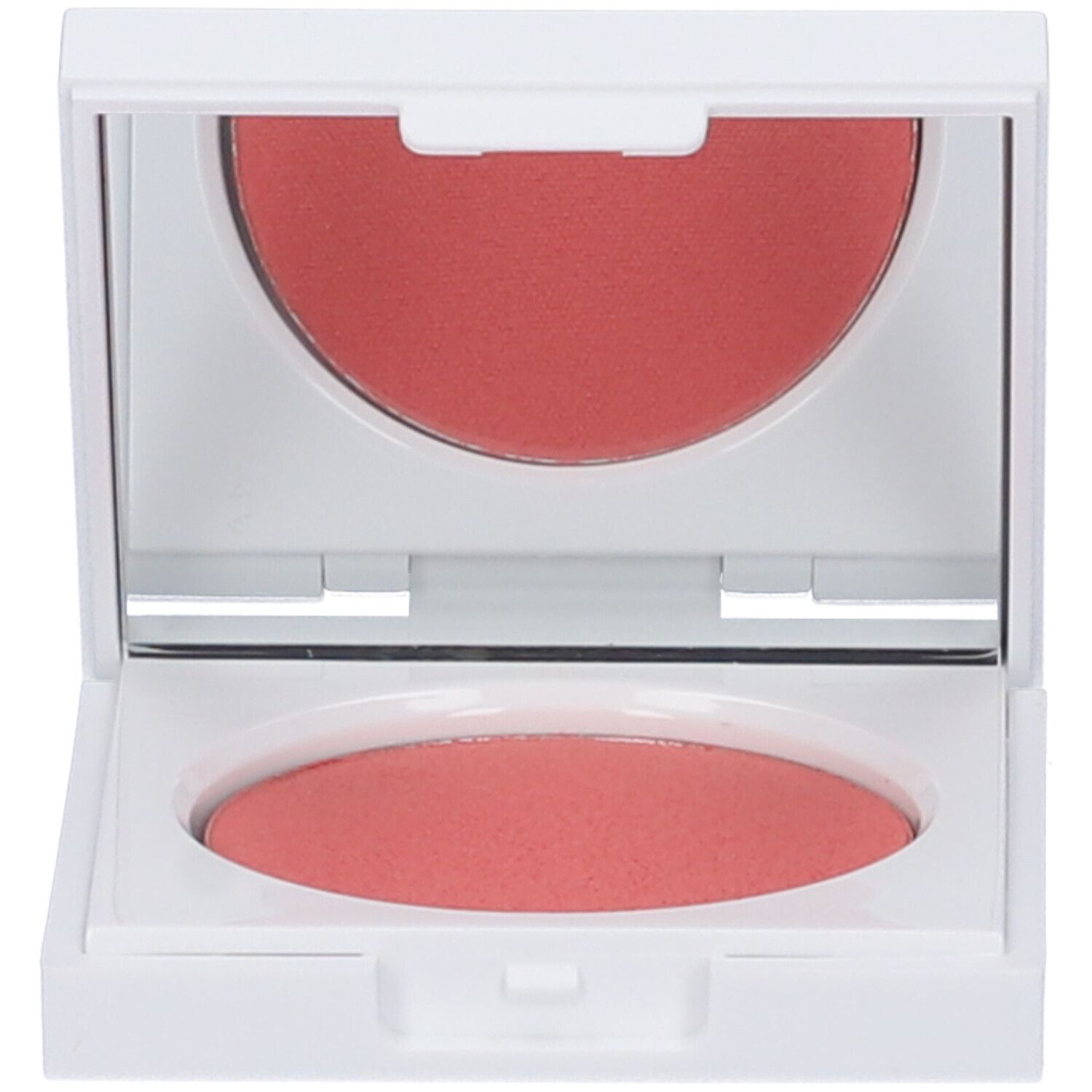 Astuccio cosmetico bianco aperto, con specchio e fard rosa.