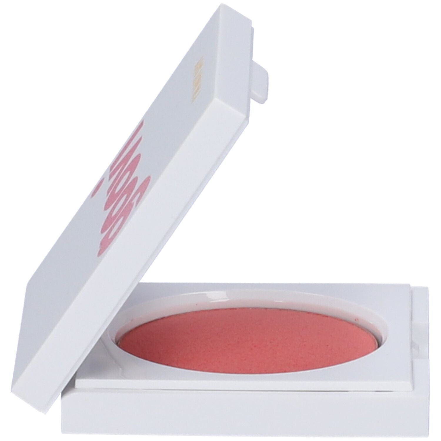Astuccio cosmetico bianco con fard rosa, semiaperto. 'goovi' sul coperchio.