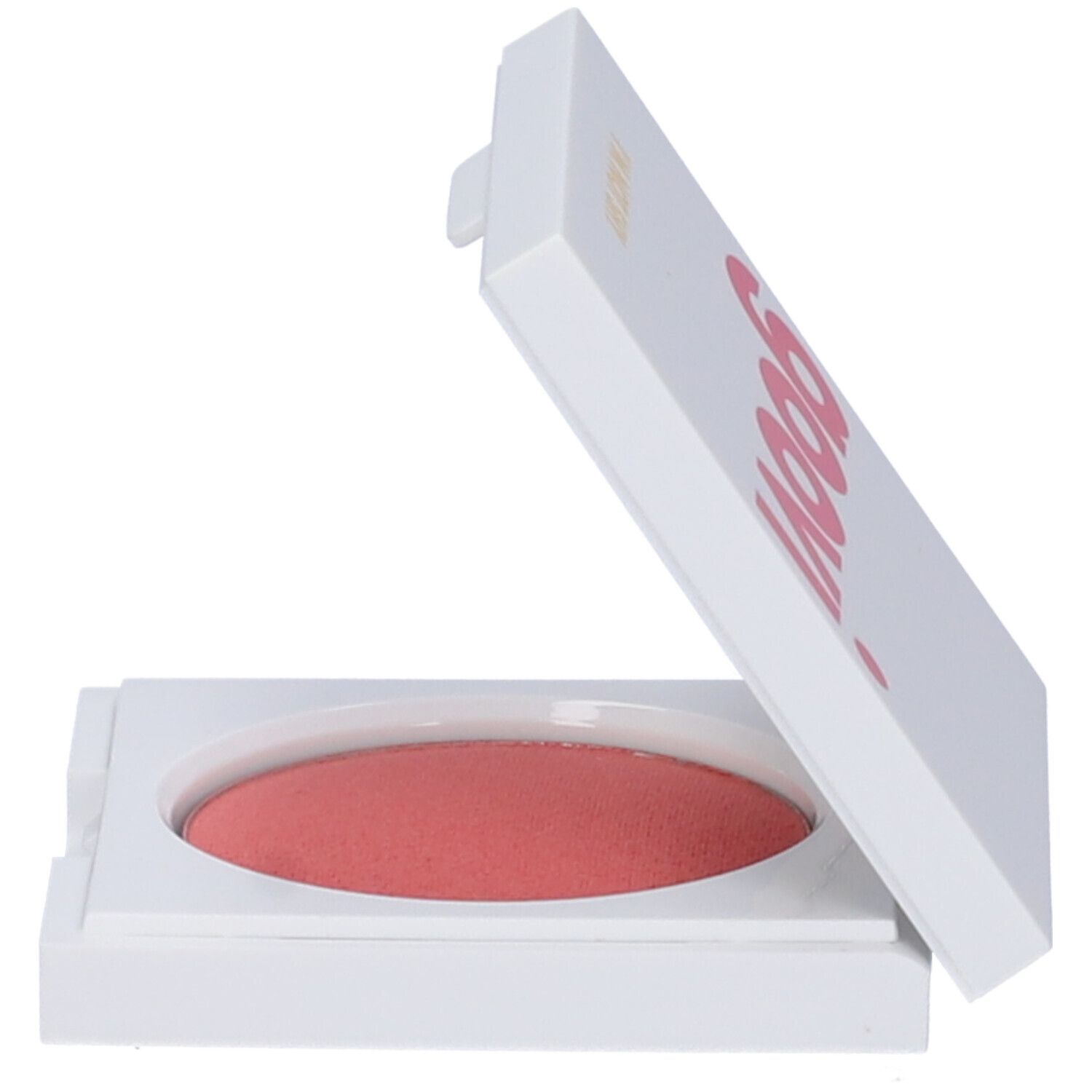 Astuccio cosmetico bianco con fard rosa, semiaperto. 'goovi' sul coperchio.