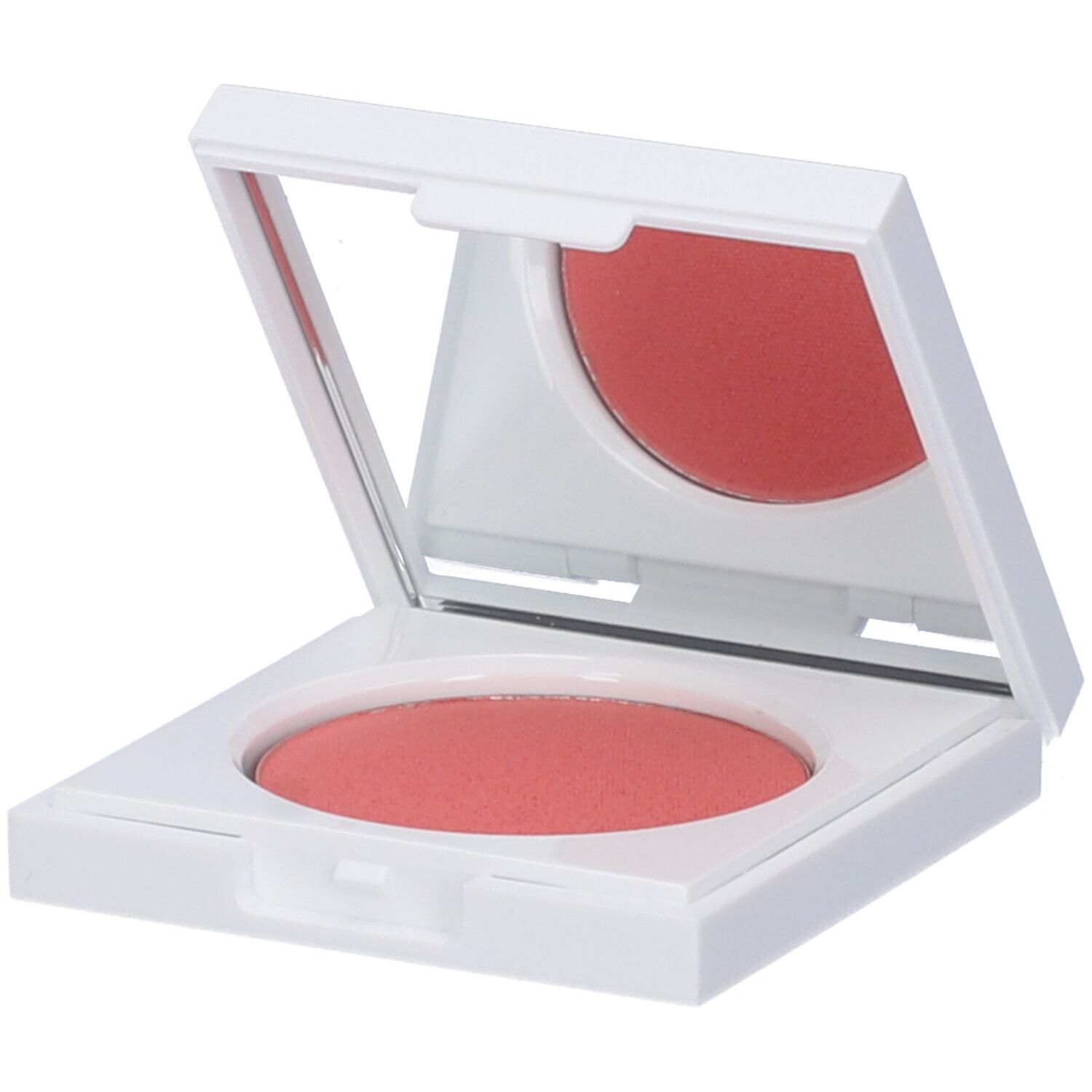 Astuccio cosmetico bianco aperto, con specchio e fard rosa.